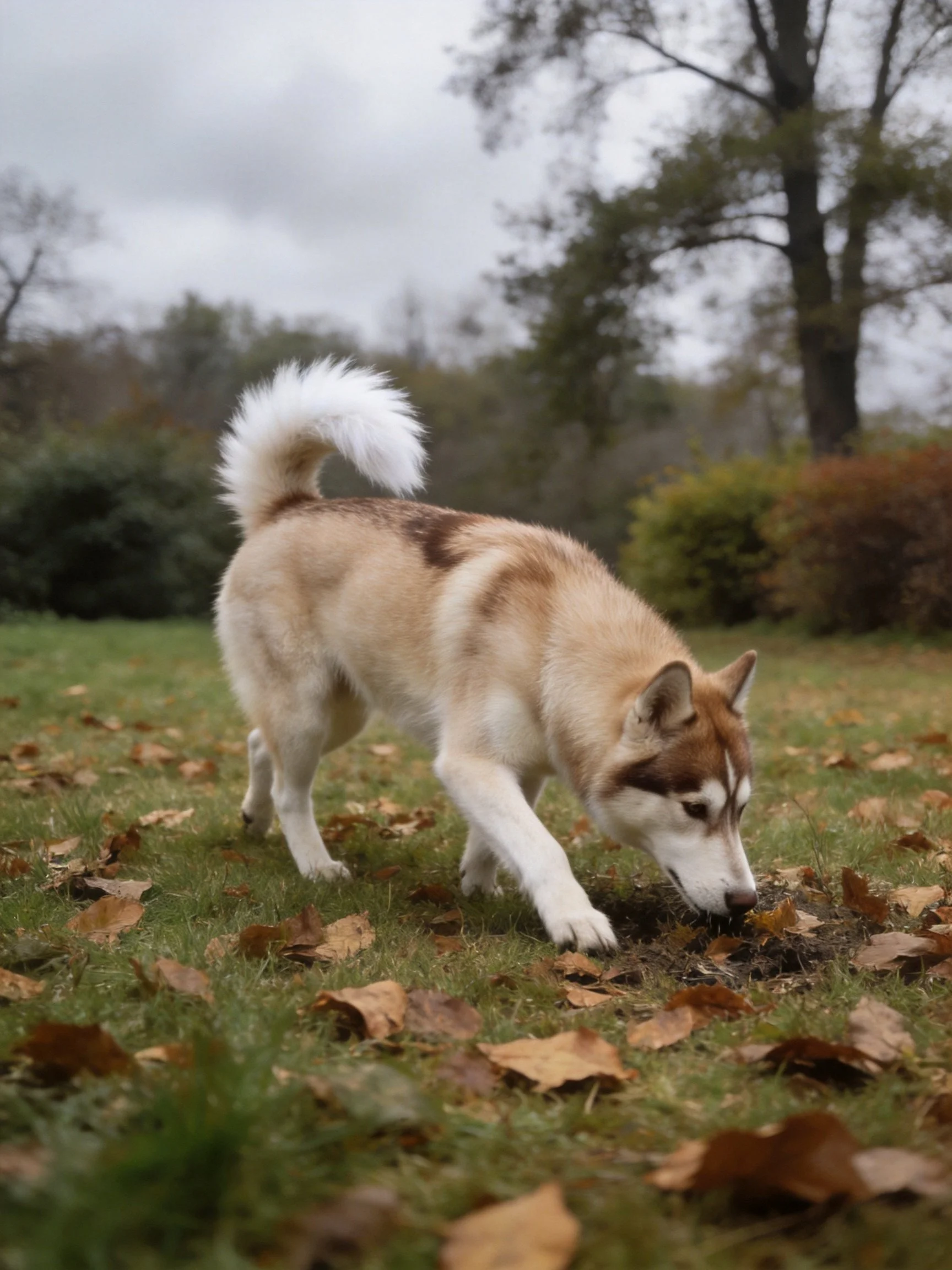 Tan and white dog sniffs leaves in leaf-strewn yard