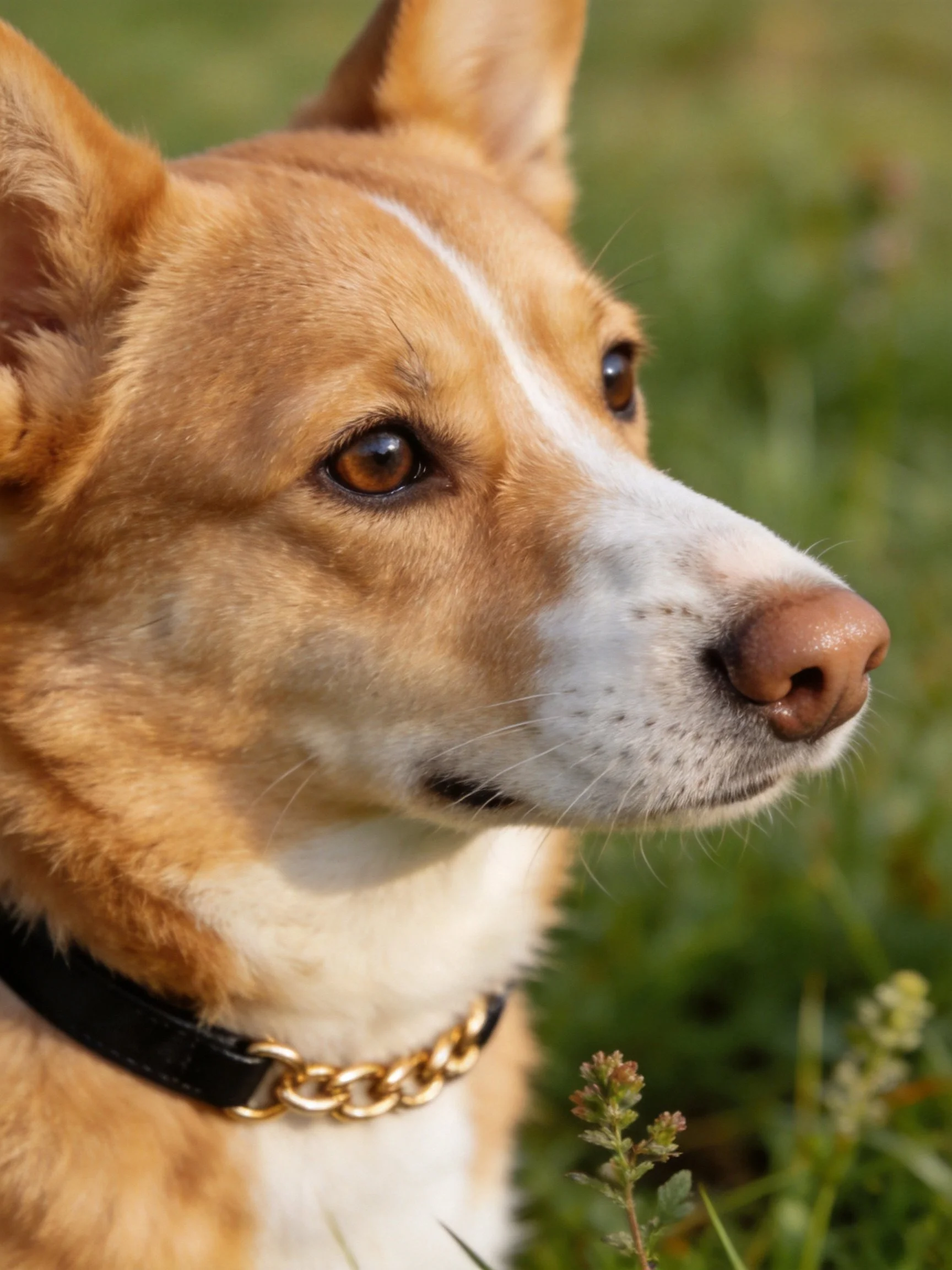 A tan and white dog with a black collar and gold chain is outdoors near greenery.