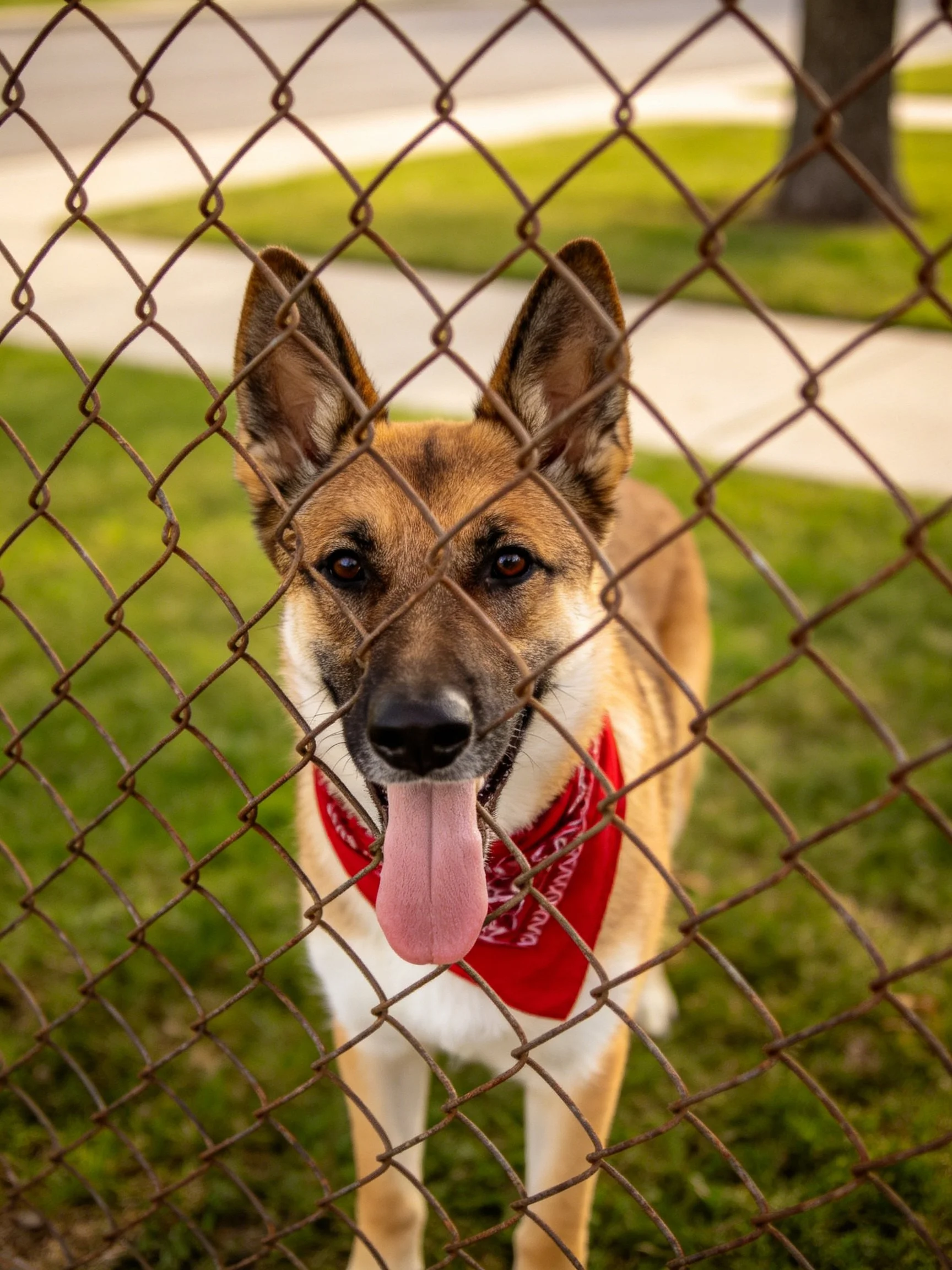 Tan and white dog with red bandana behind rusted chain-link fence