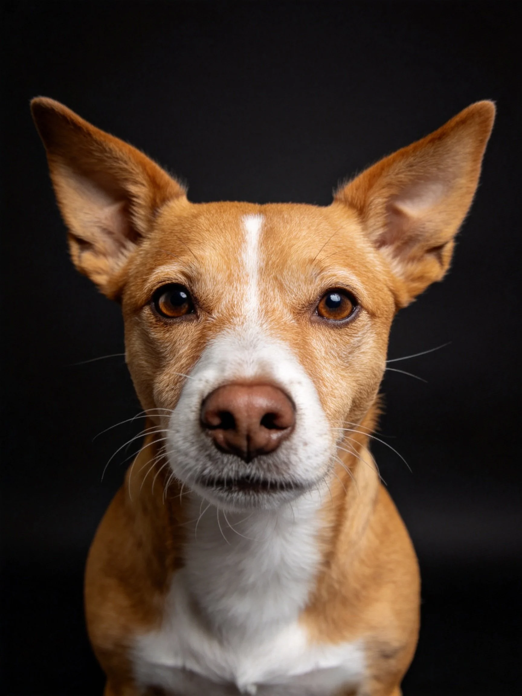 A tan and white dog with upright ears gazes directly at the camera.