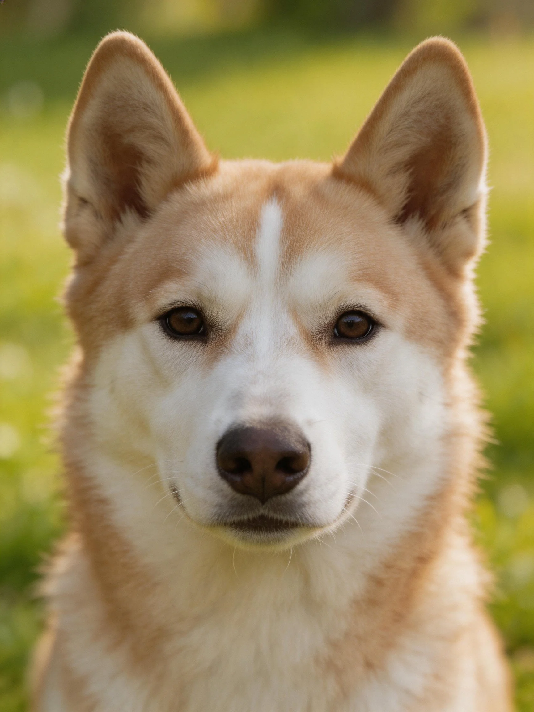 A tan and white dog gazes directly at the camera in a sunlit green space.