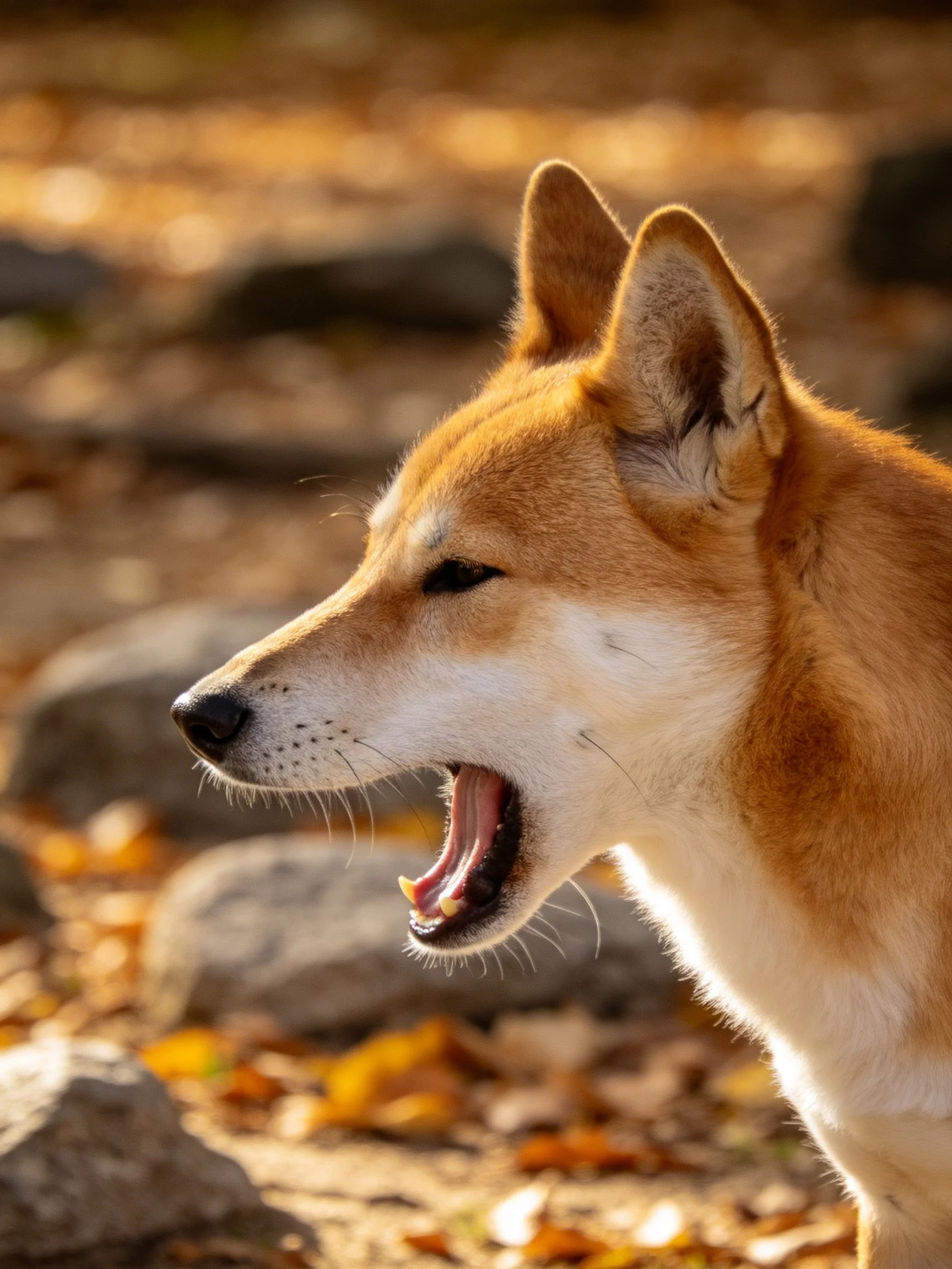 A tan and white dog yawns near rocks surrounded by autumn leaves.