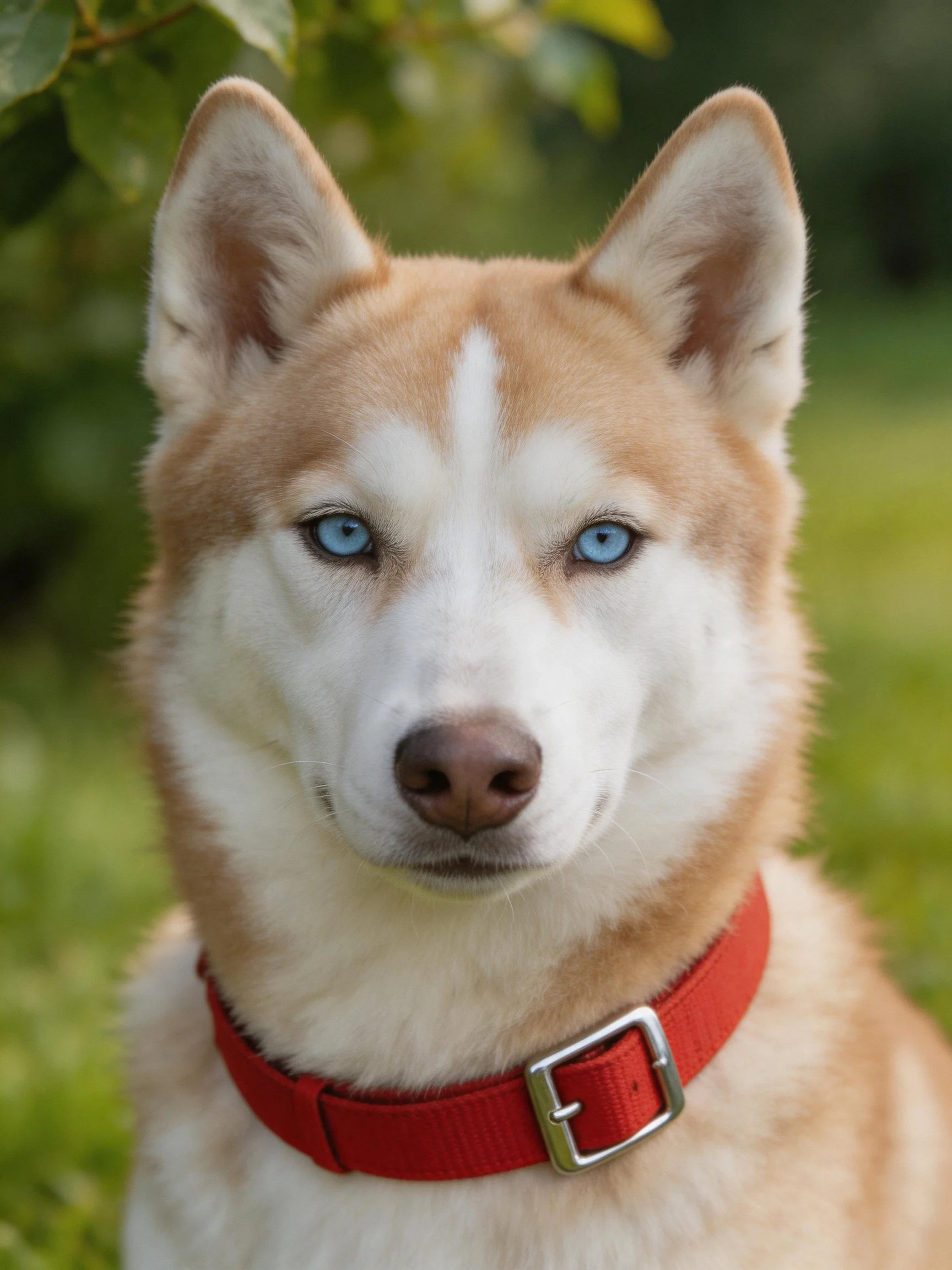 A tan and white husky with blue eyes stands outdoors near green foliage.