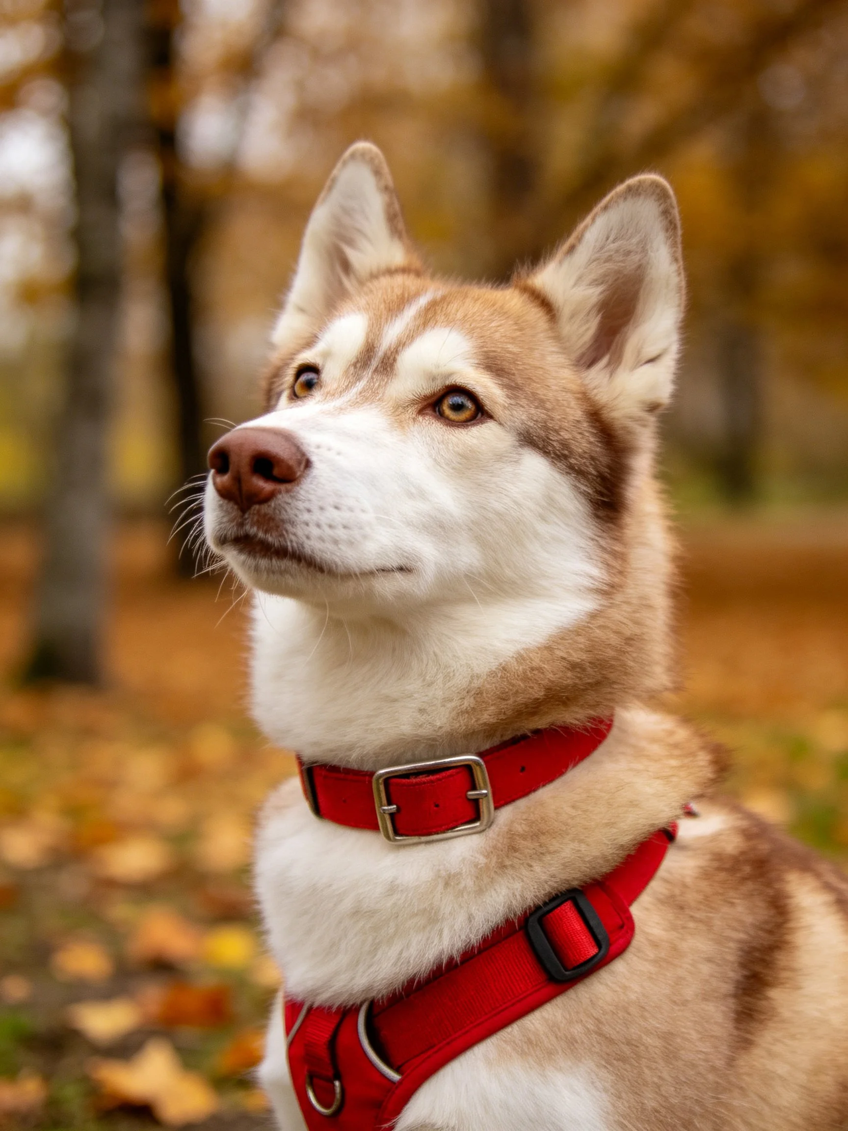 A tan and white husky with red collar observes surroundings amid fall foliage.