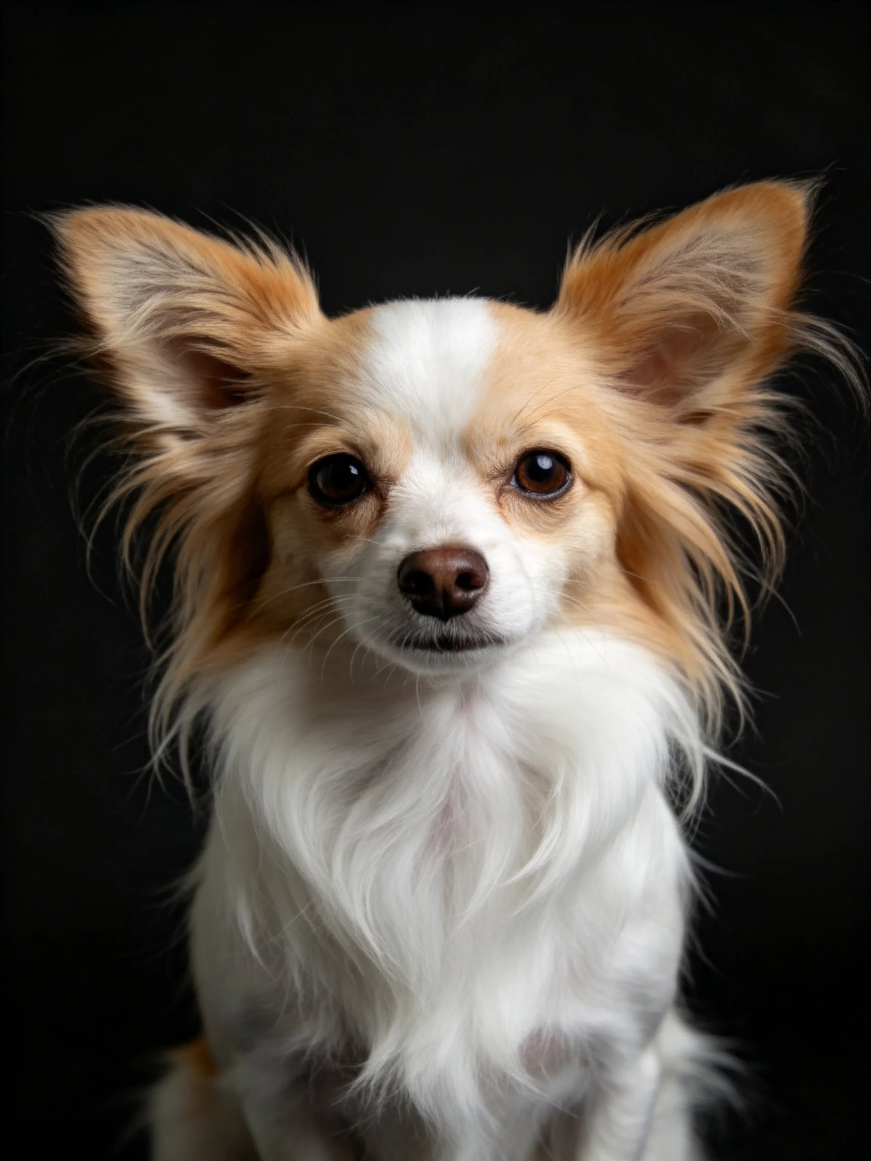 A tan and white dog with large ears is photographed against a black background.
