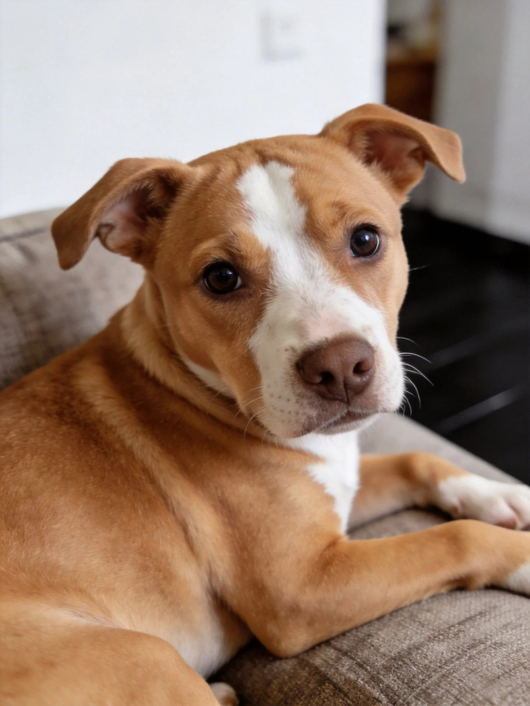 A tan and white puppy relaxes on a gray couch inside a home.