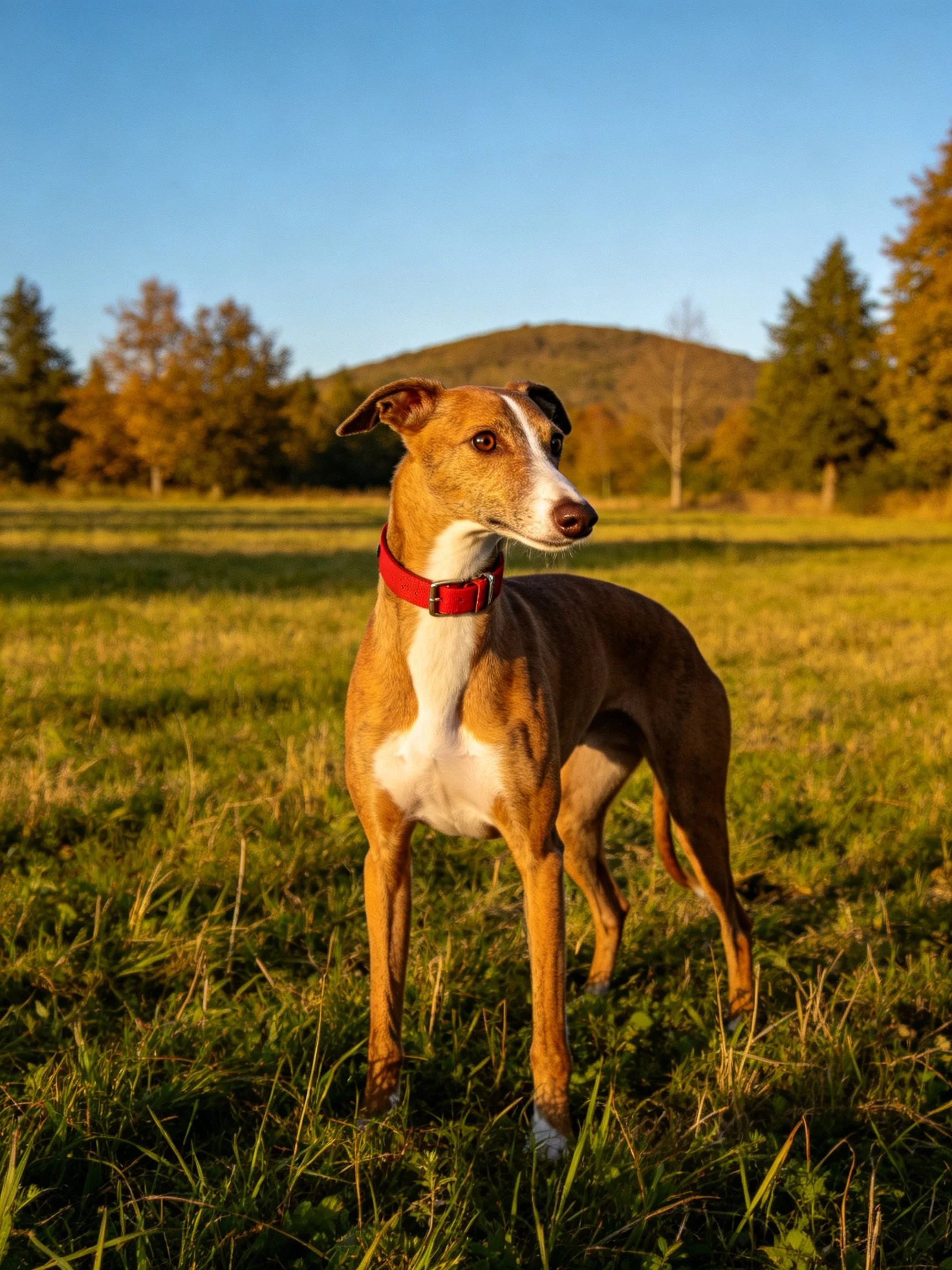Tan and white whippet with red collar in sunlit grassy field