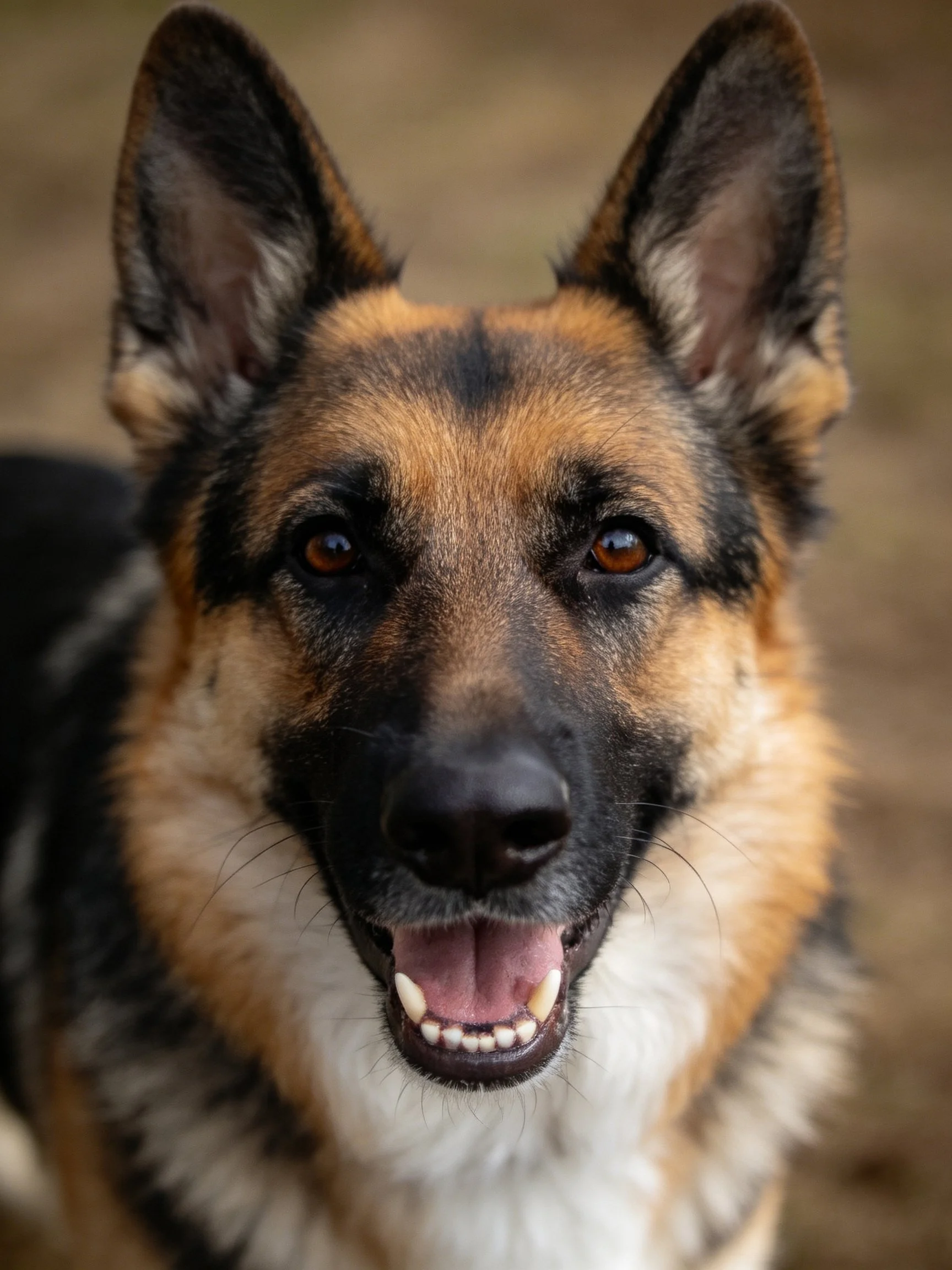 Close-up of a German Shepherd displaying an alert demeanor with mouth open.