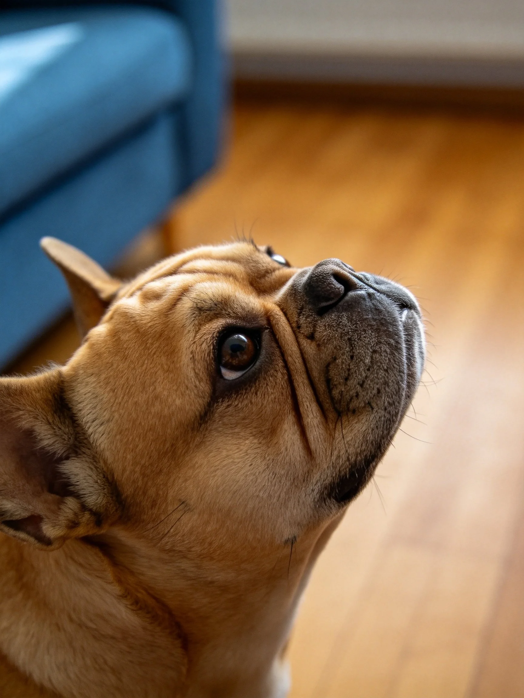 A tan bulldog looks upward indoors near a blue chair and wooden floor.