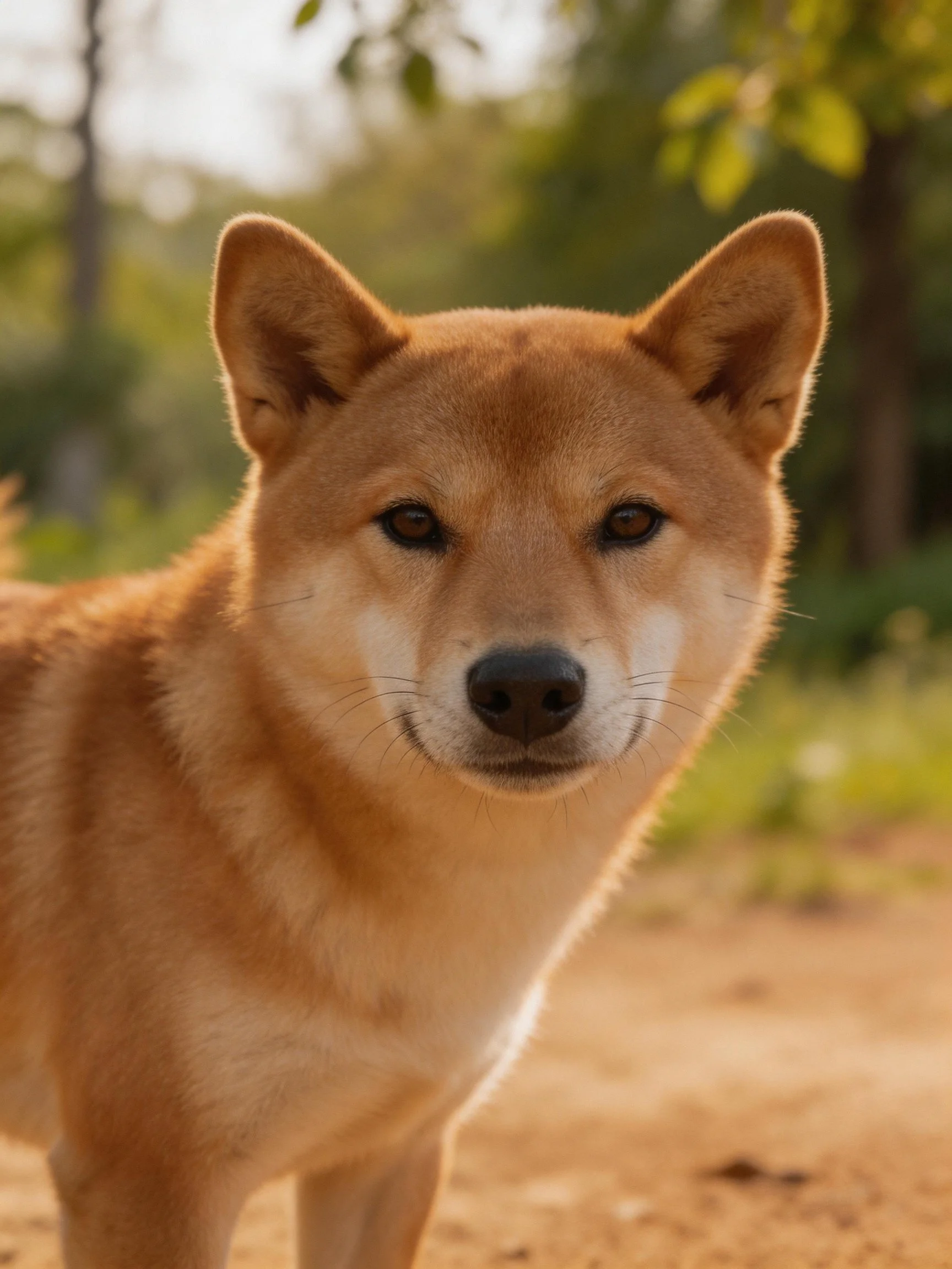 Tan-coated dog in a sunlit outdoor setting with blurred greenery