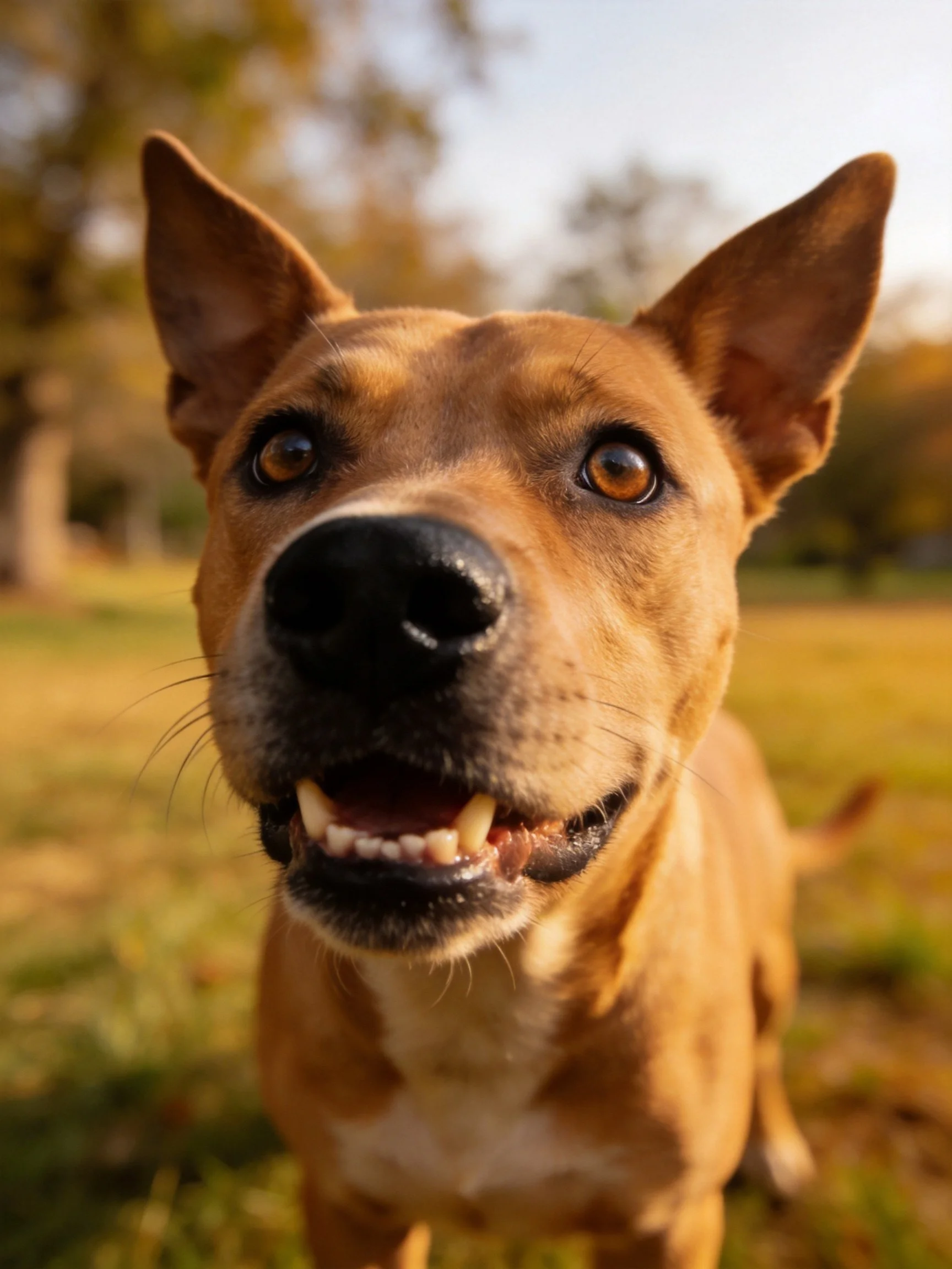 Tan - coated dog with alert ears and brown eyes in an outdoor park
