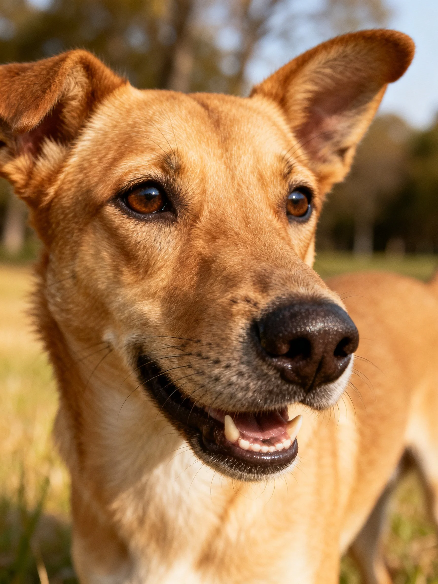 Tan-coated dog with alert ears in sunlit outdoor field