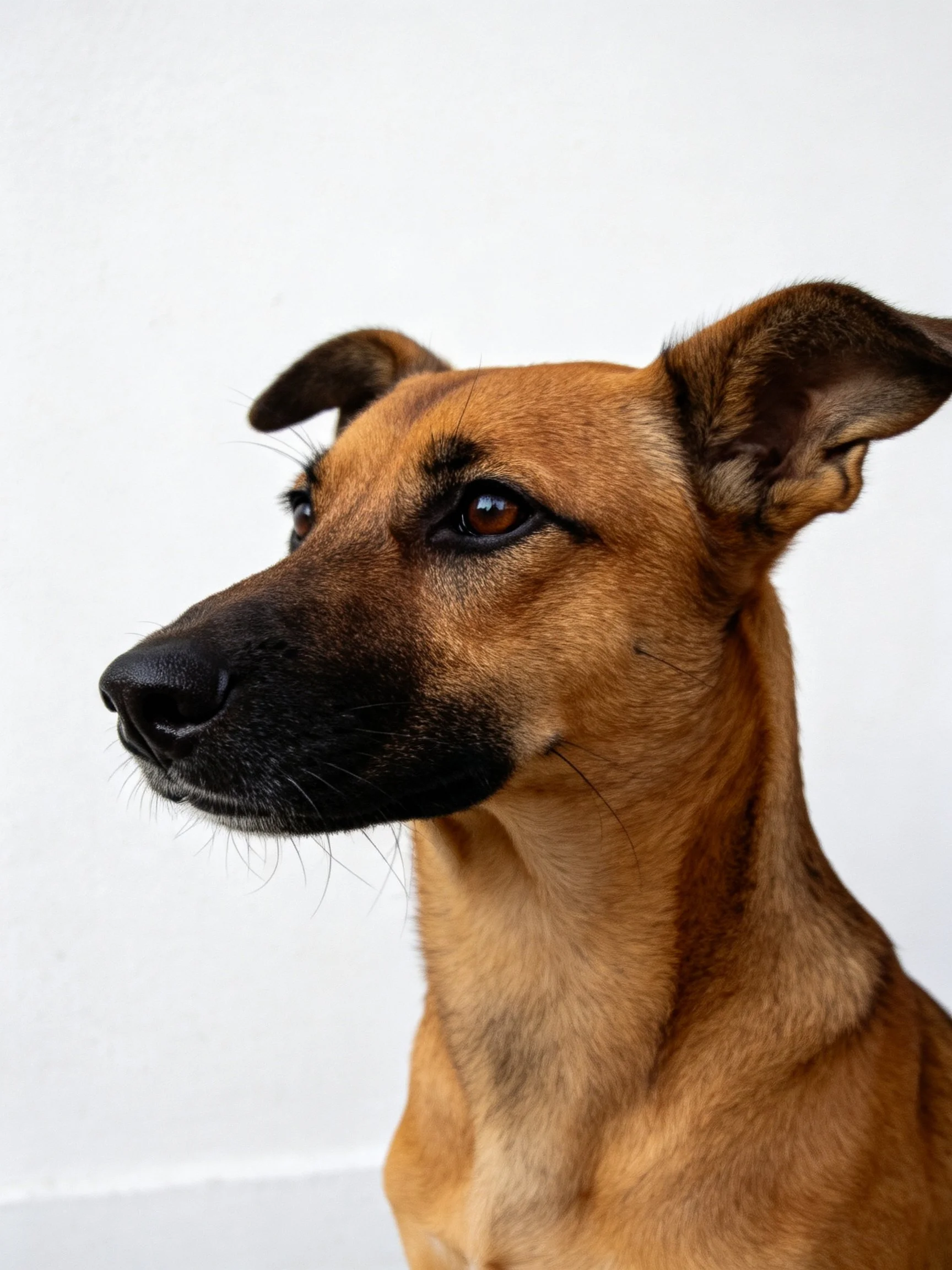 Tan-coated dog with dark ears and nose, white backdrop