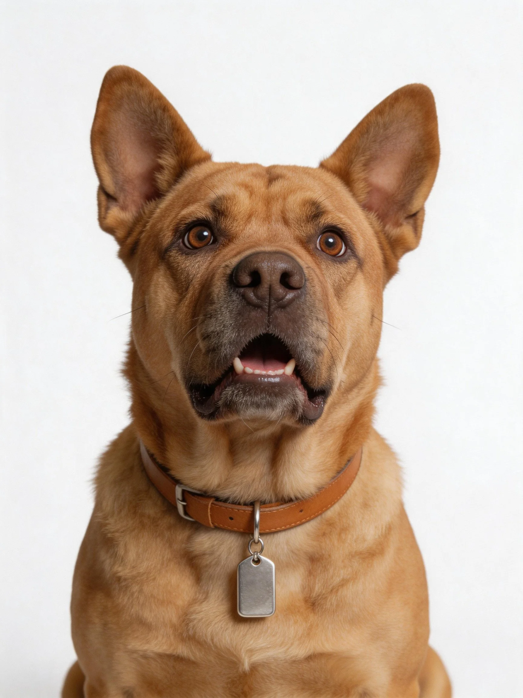 Tan-coated dog with upright ears and brown leather collar