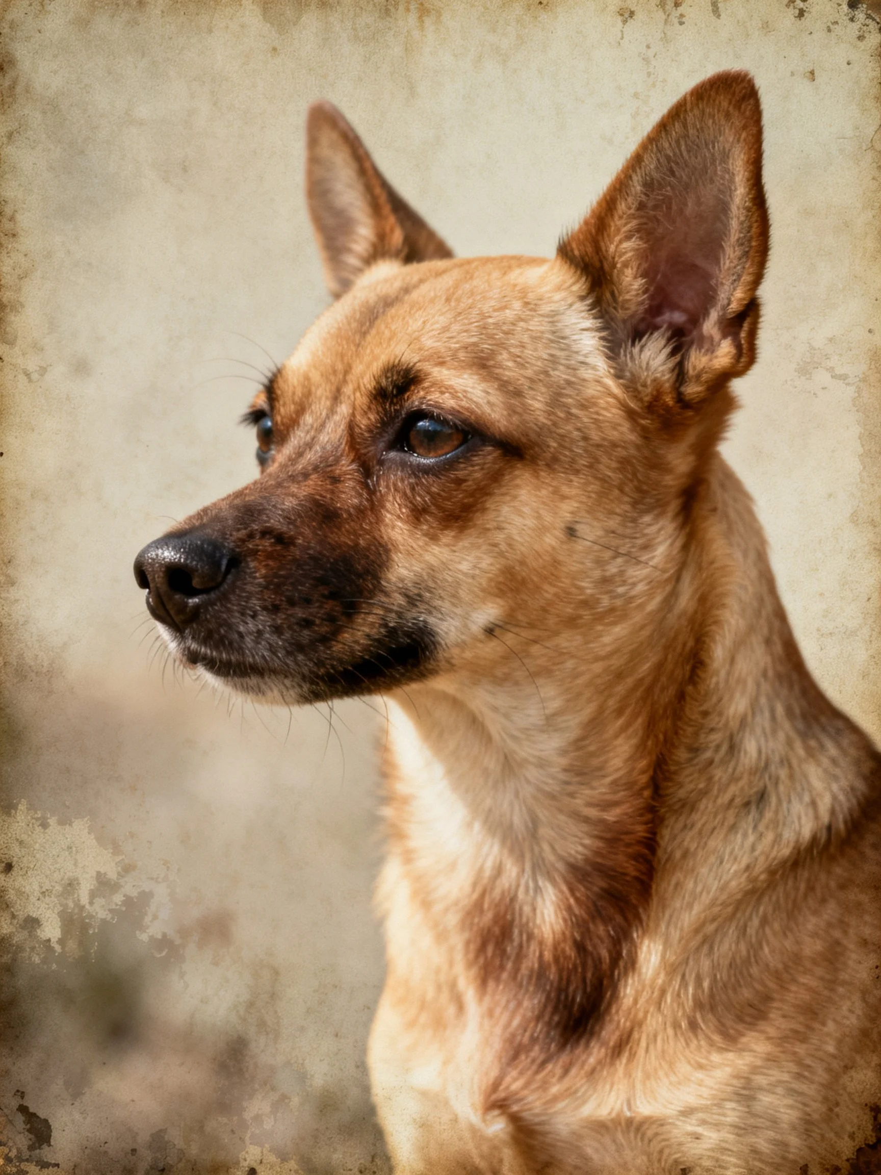 Tan-coated dog with upright ears on textured backdrop