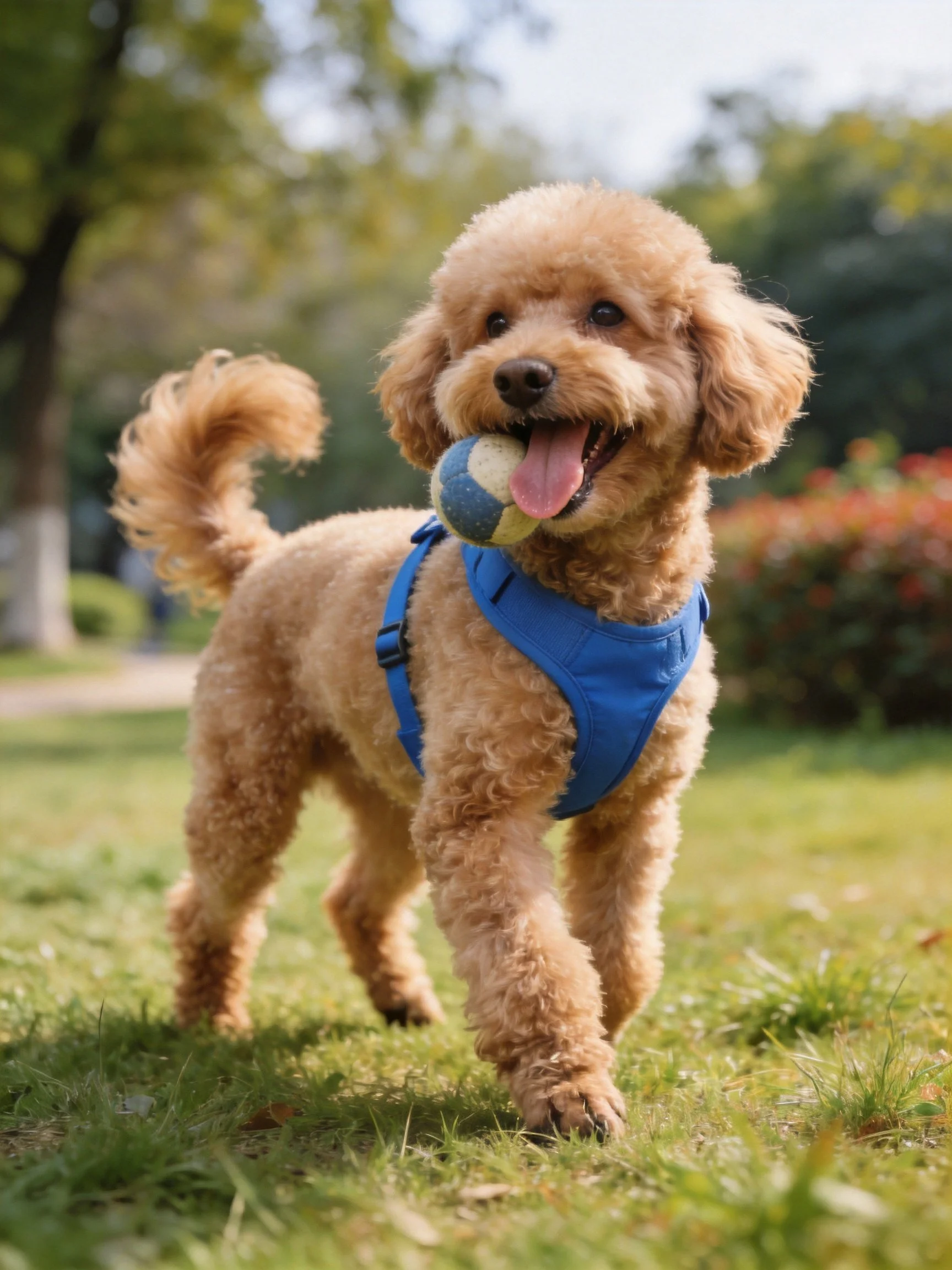 A tan curly-haired dog in a blue harness carries a ball on grass in a park.