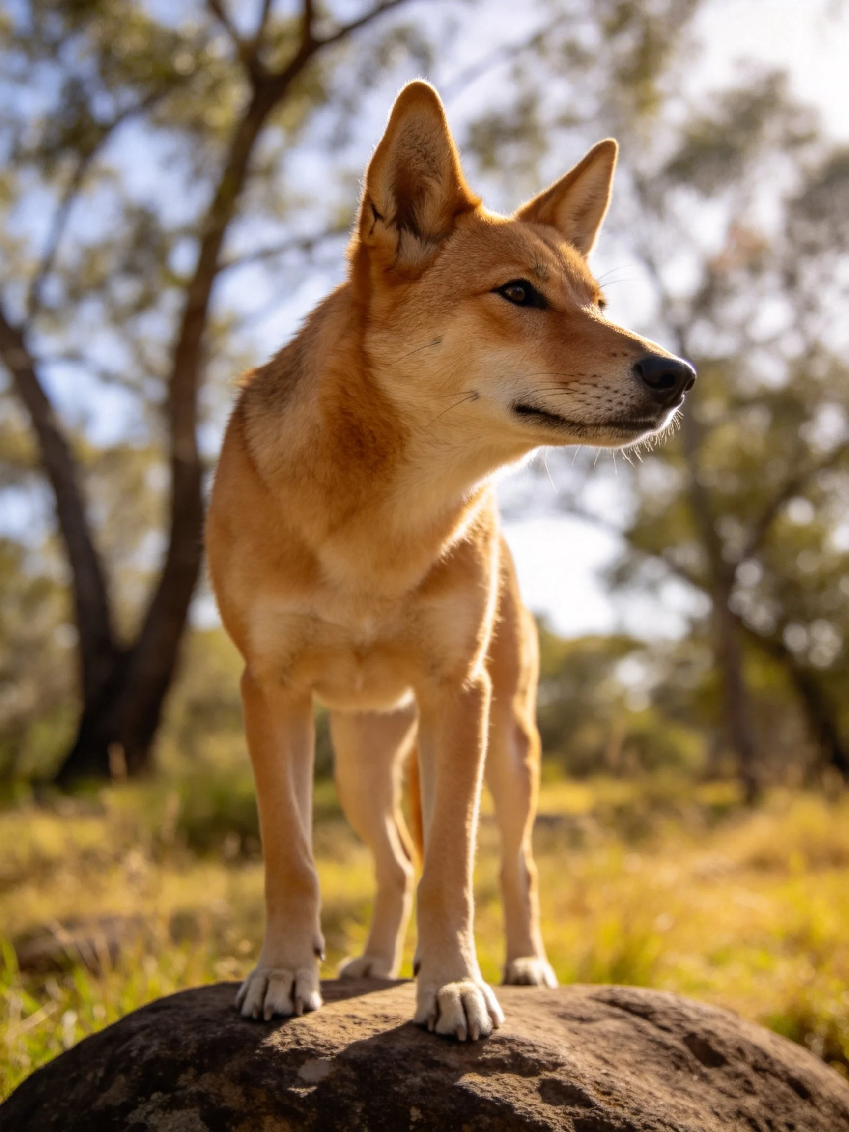 Tan dingo stands alert on large rock in sunlit forest