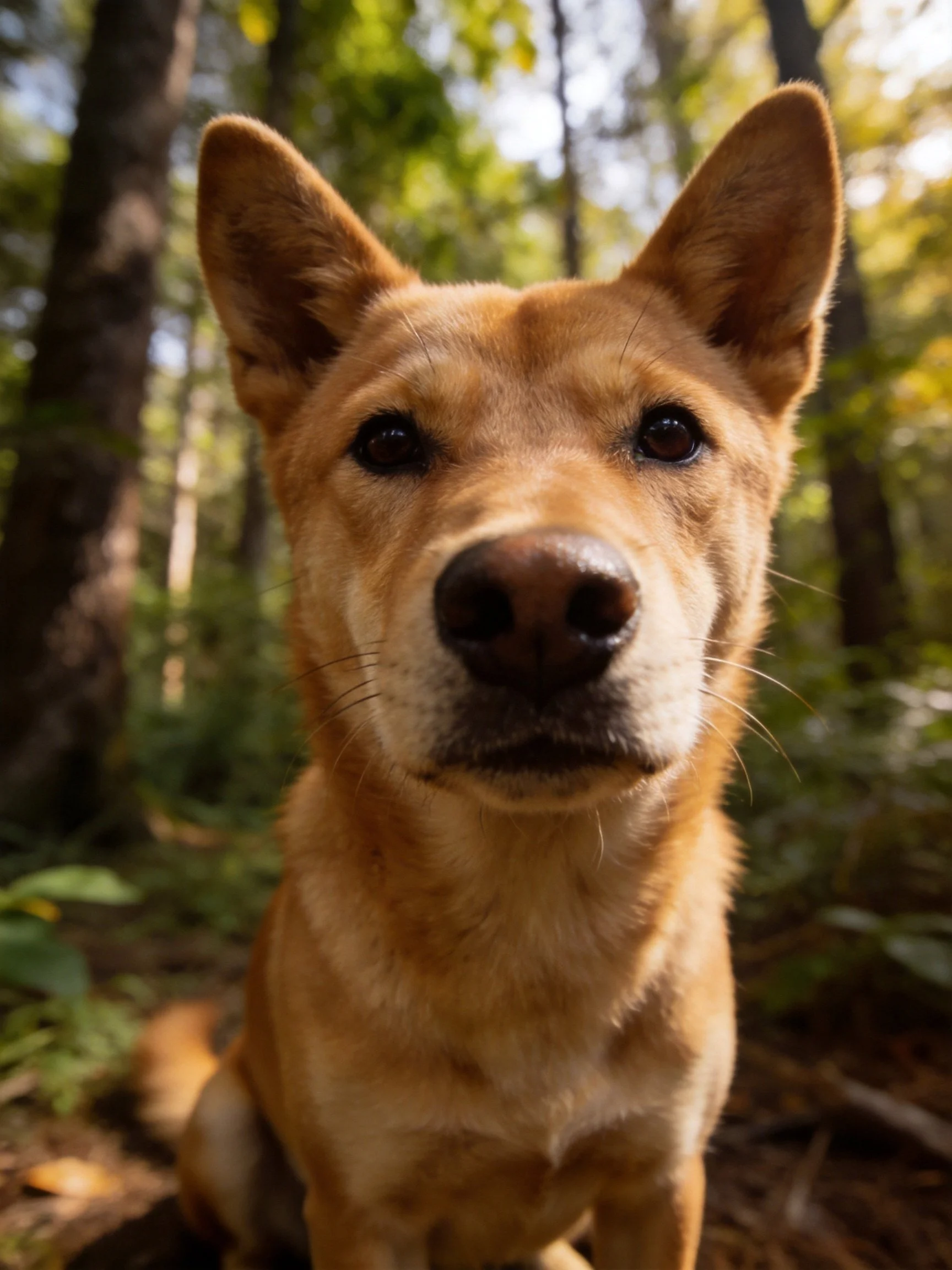 Tan dog gazing directly in sun-dappled forest surroundings