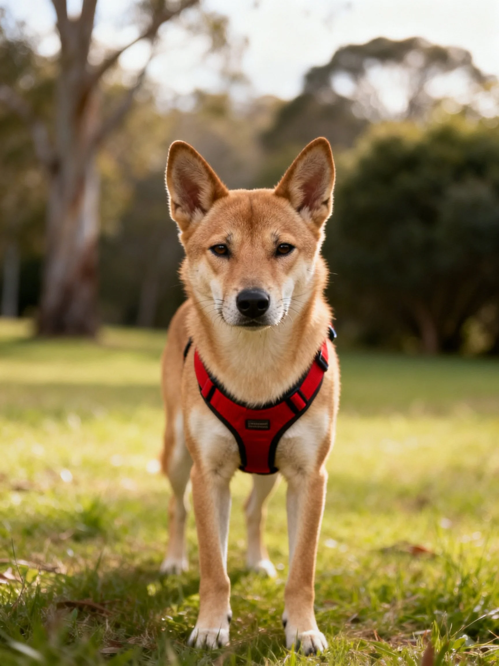 Tan dog in red harness stands on grass near wooded area