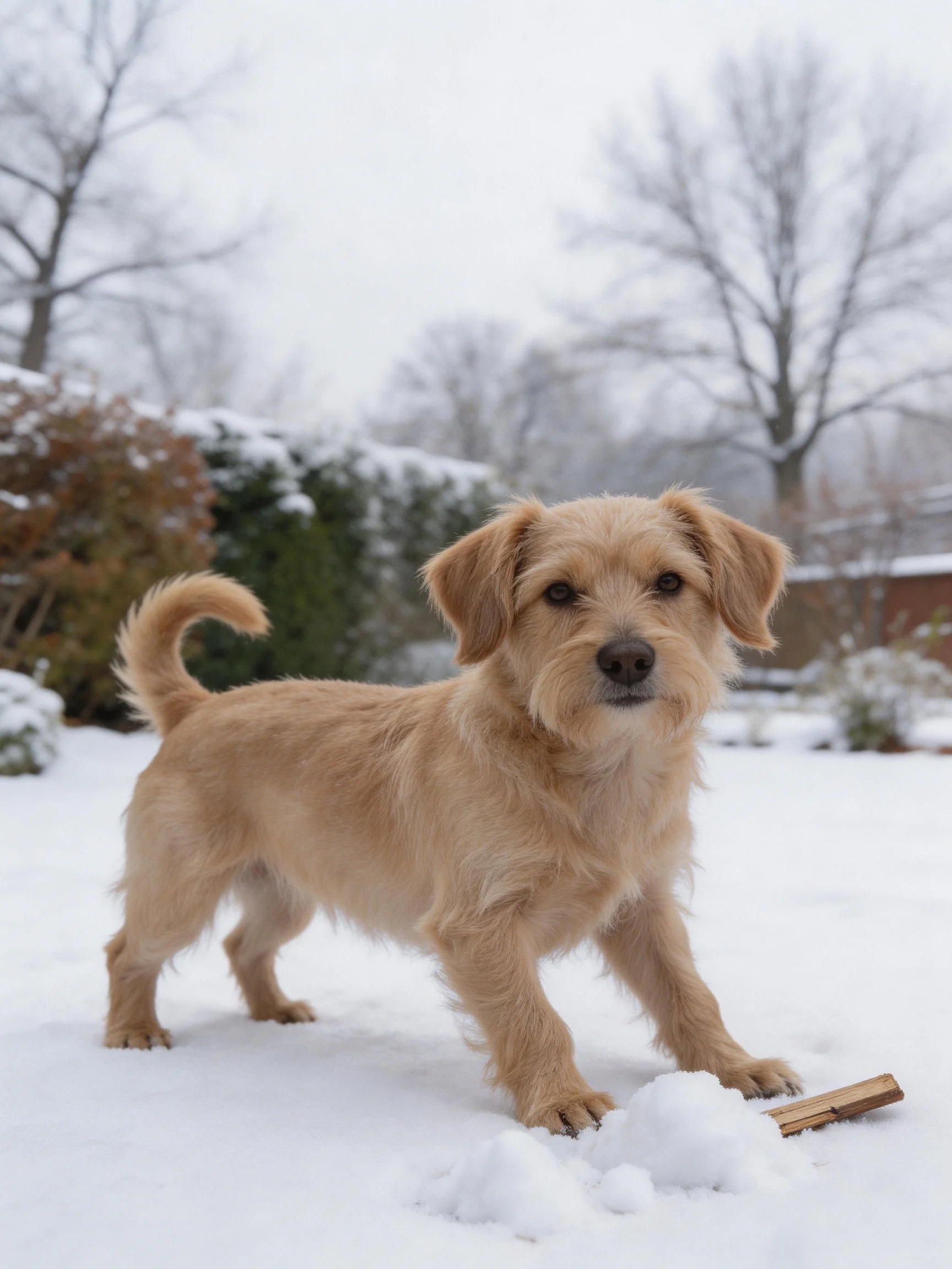 A tan dog stands in a snowy outdoor setting with a wooden object nearby.