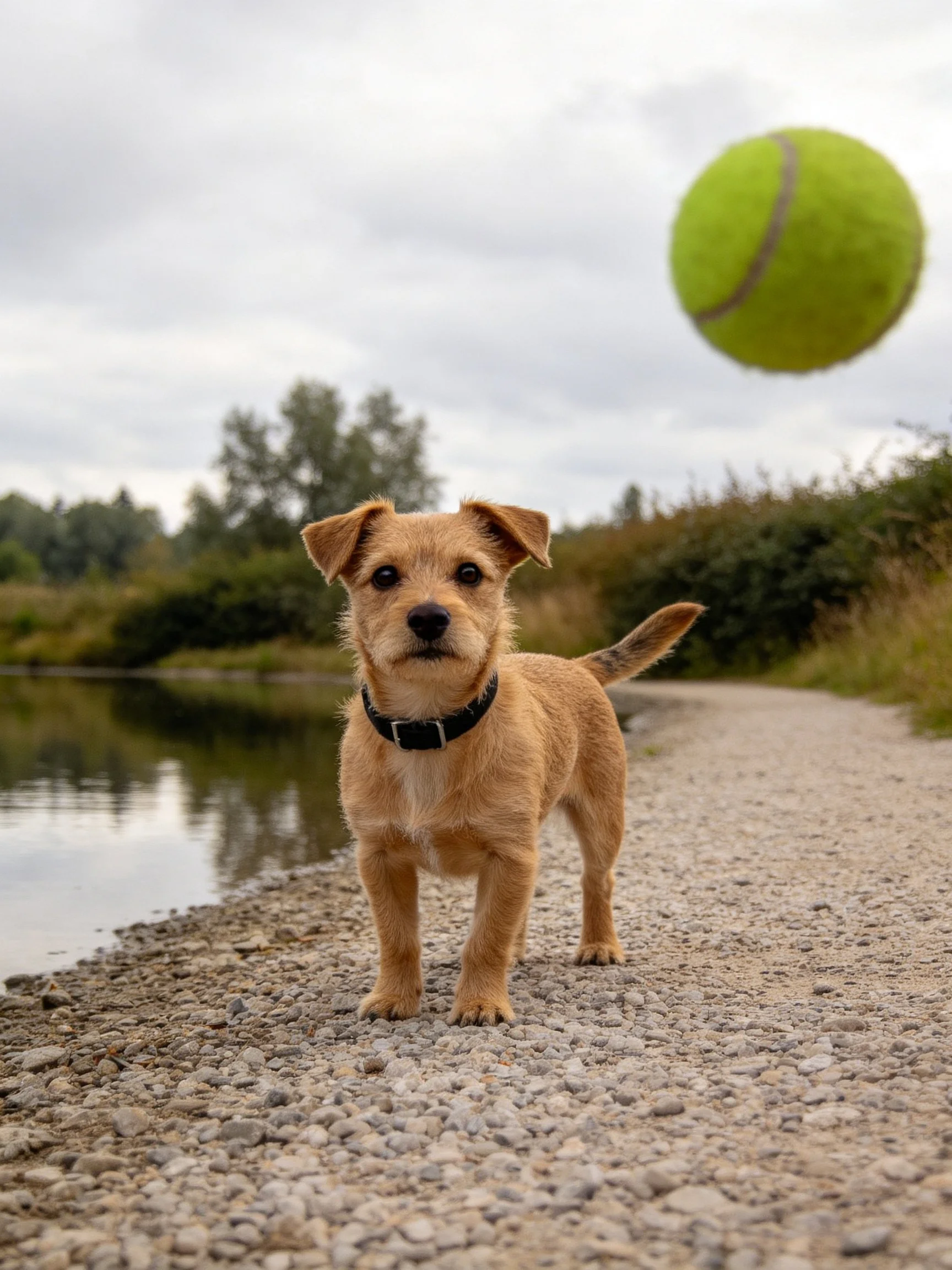 A tan dog stands on a gravel path near water with a large green tennis ball nearby.
