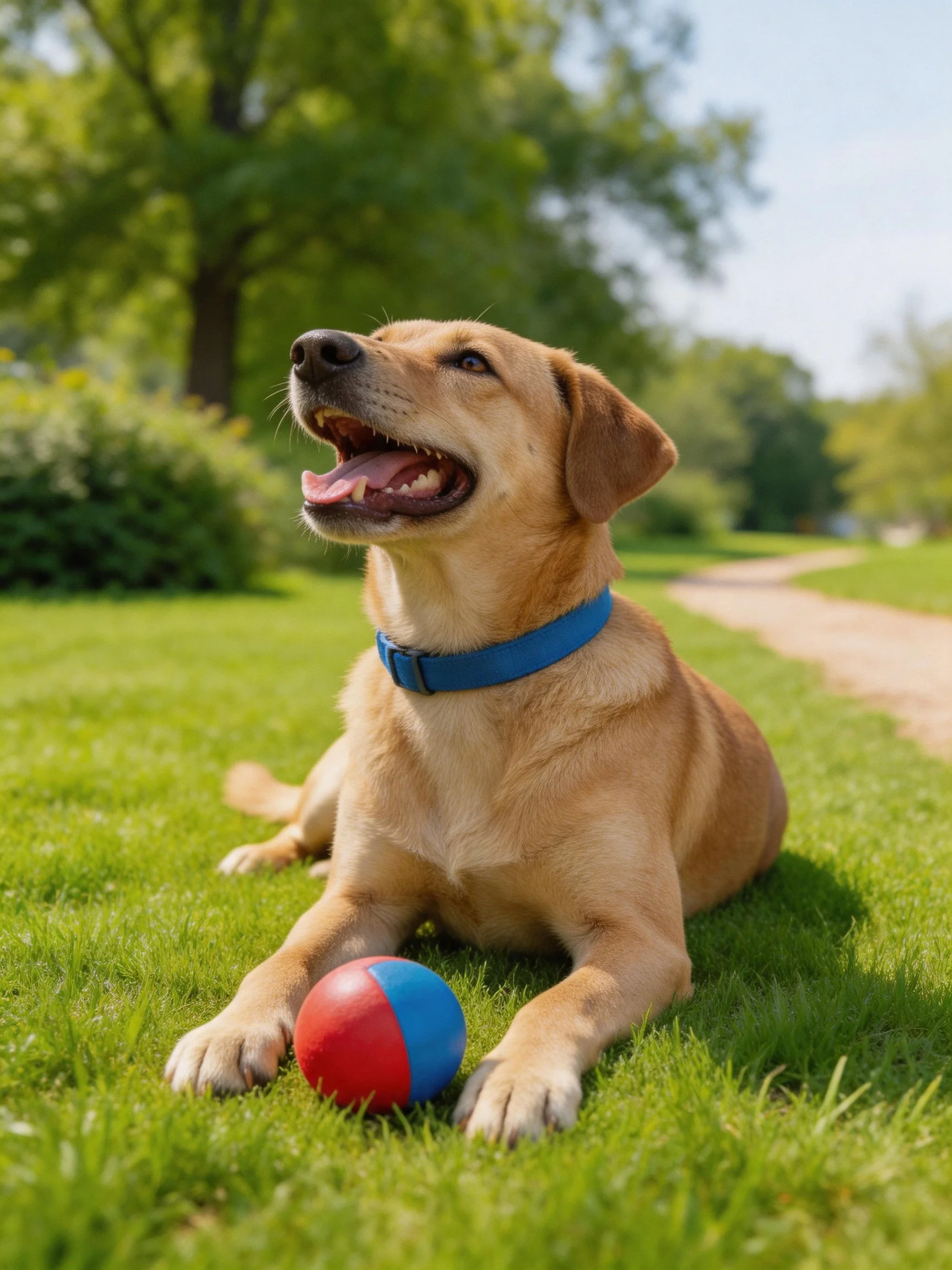 Tan dog relaxes on grass beside red-blue ball