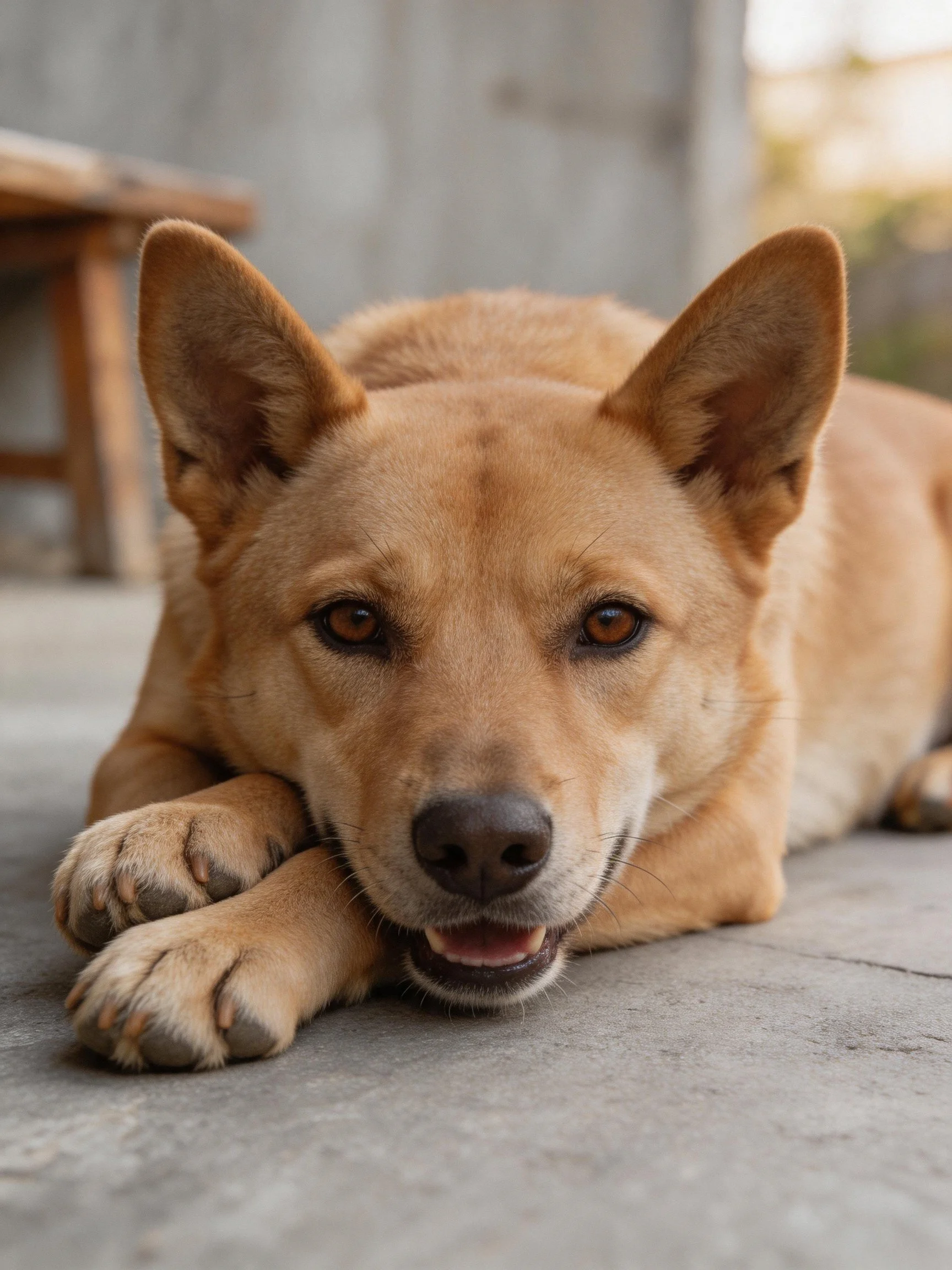 Tan dog rests on concrete near wooden structure