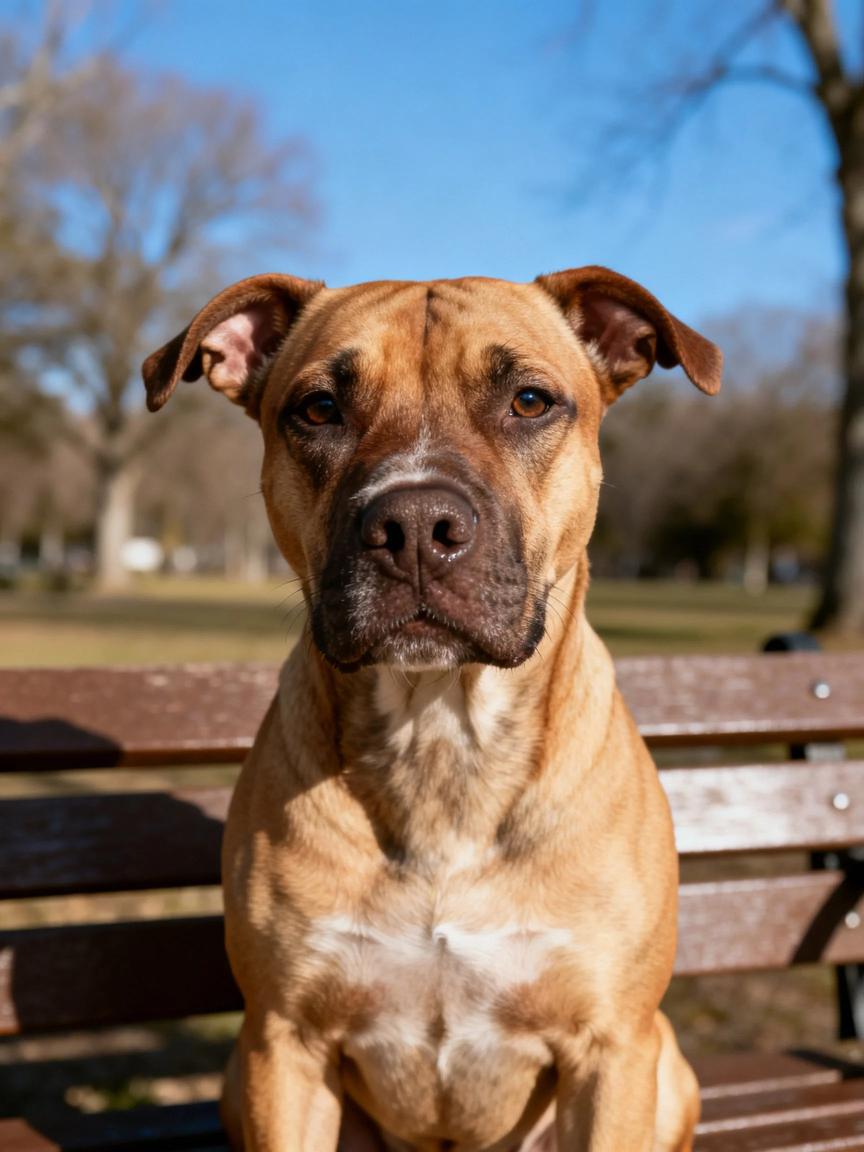 A tan dog sits calmly on a wooden bench in a sunny outdoor area.