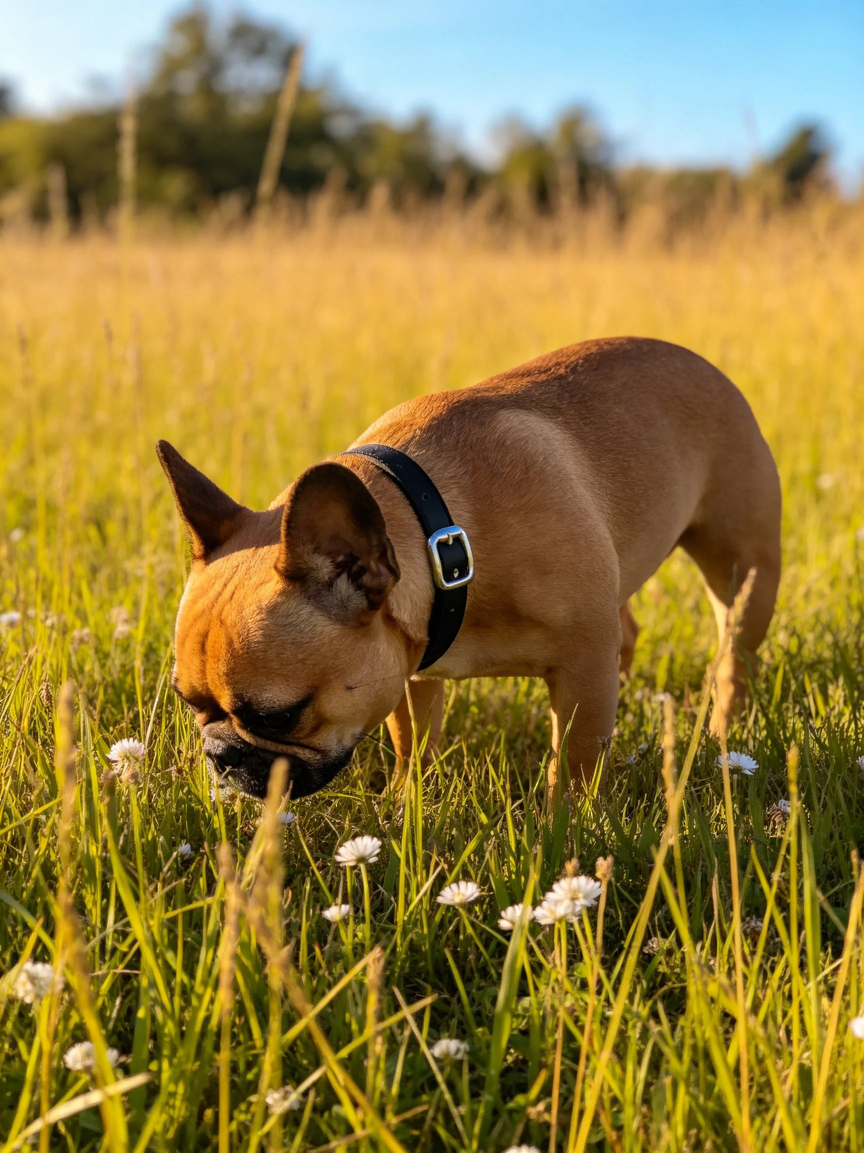A tan dog explores wildflowers in a sunlit meadow.