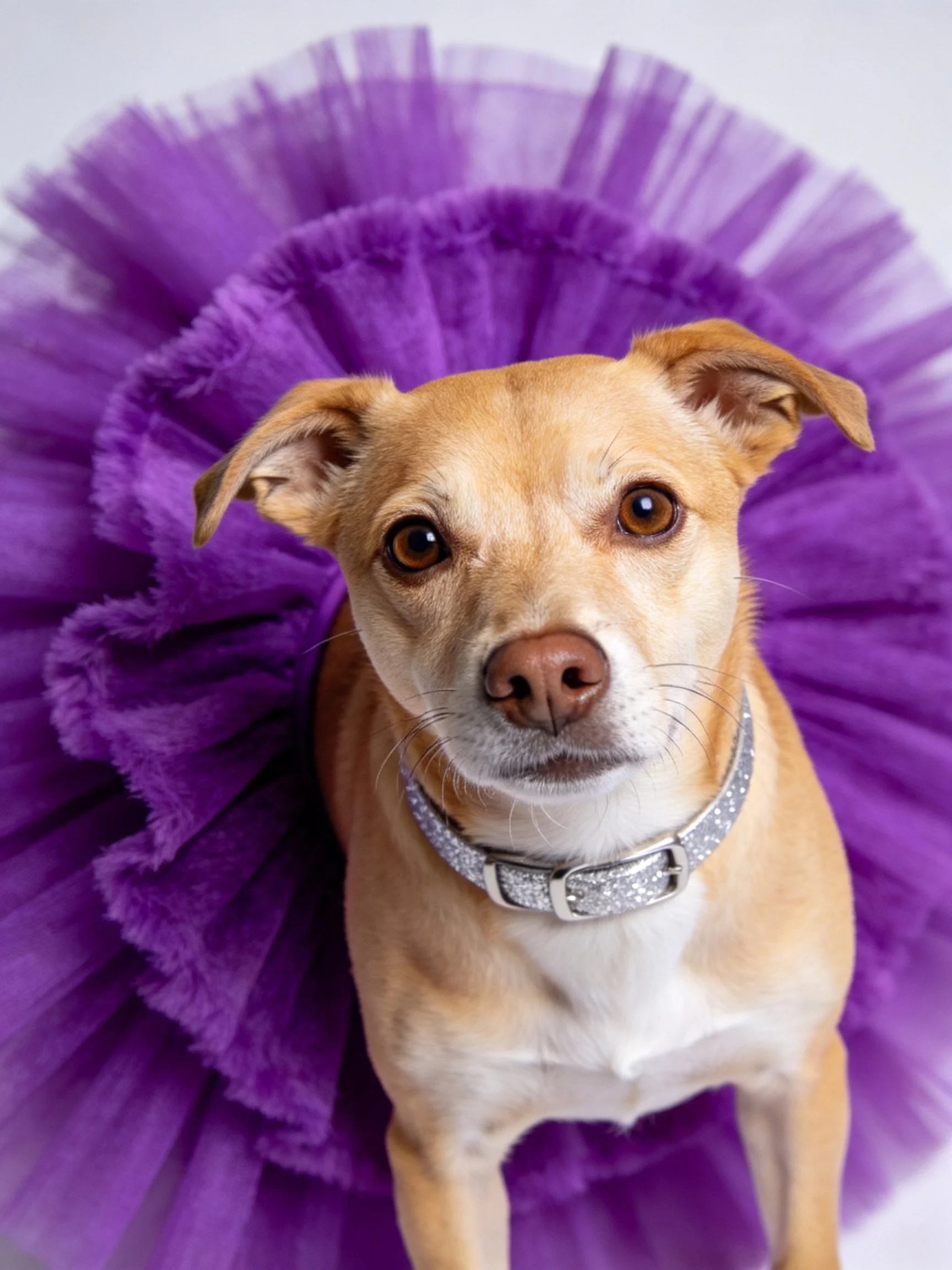 A tan dog wears a large purple tulle skirt and a jeweled collar.