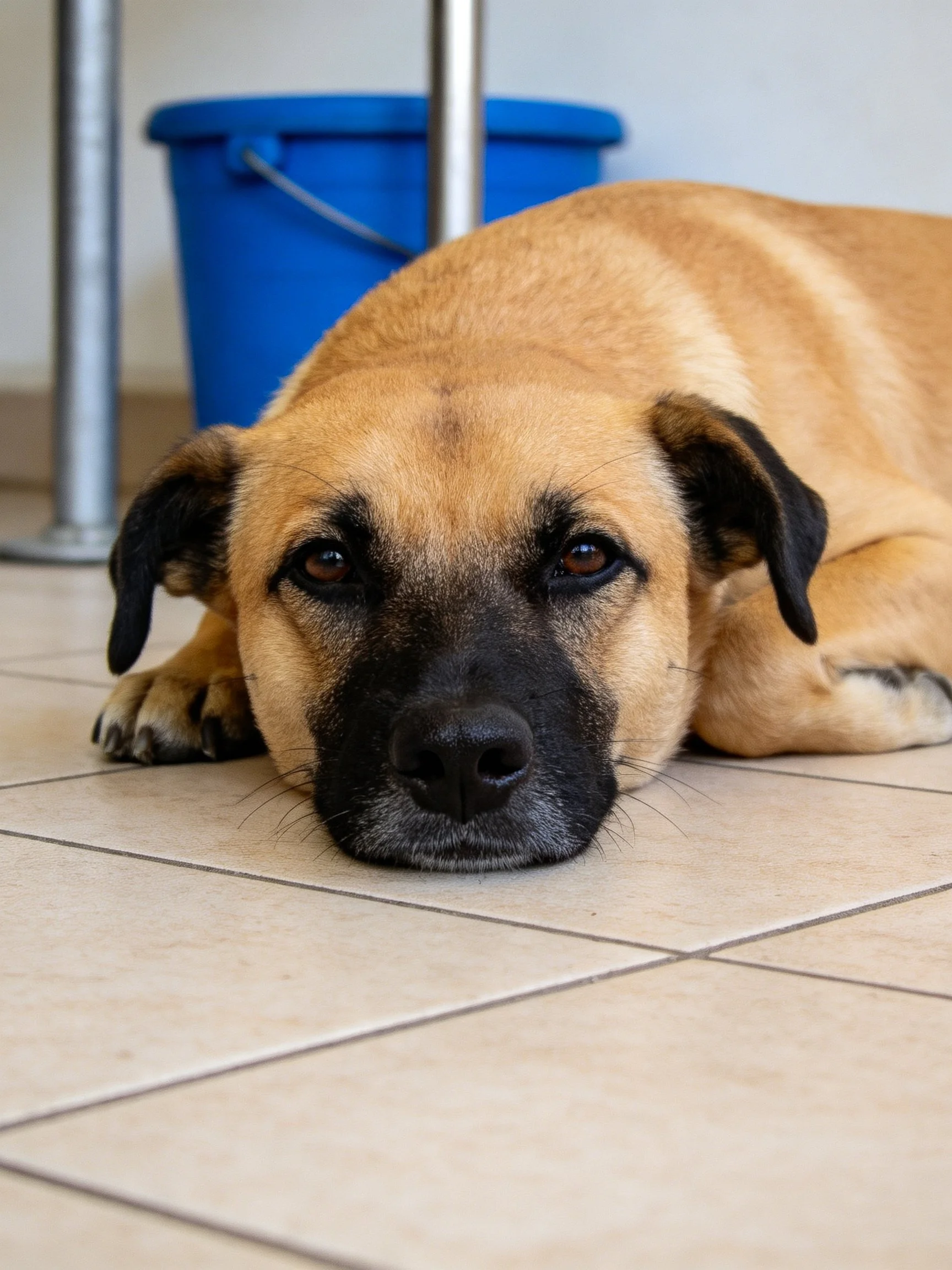 Tan dog with black markings rests on beige tiles near blue bucket