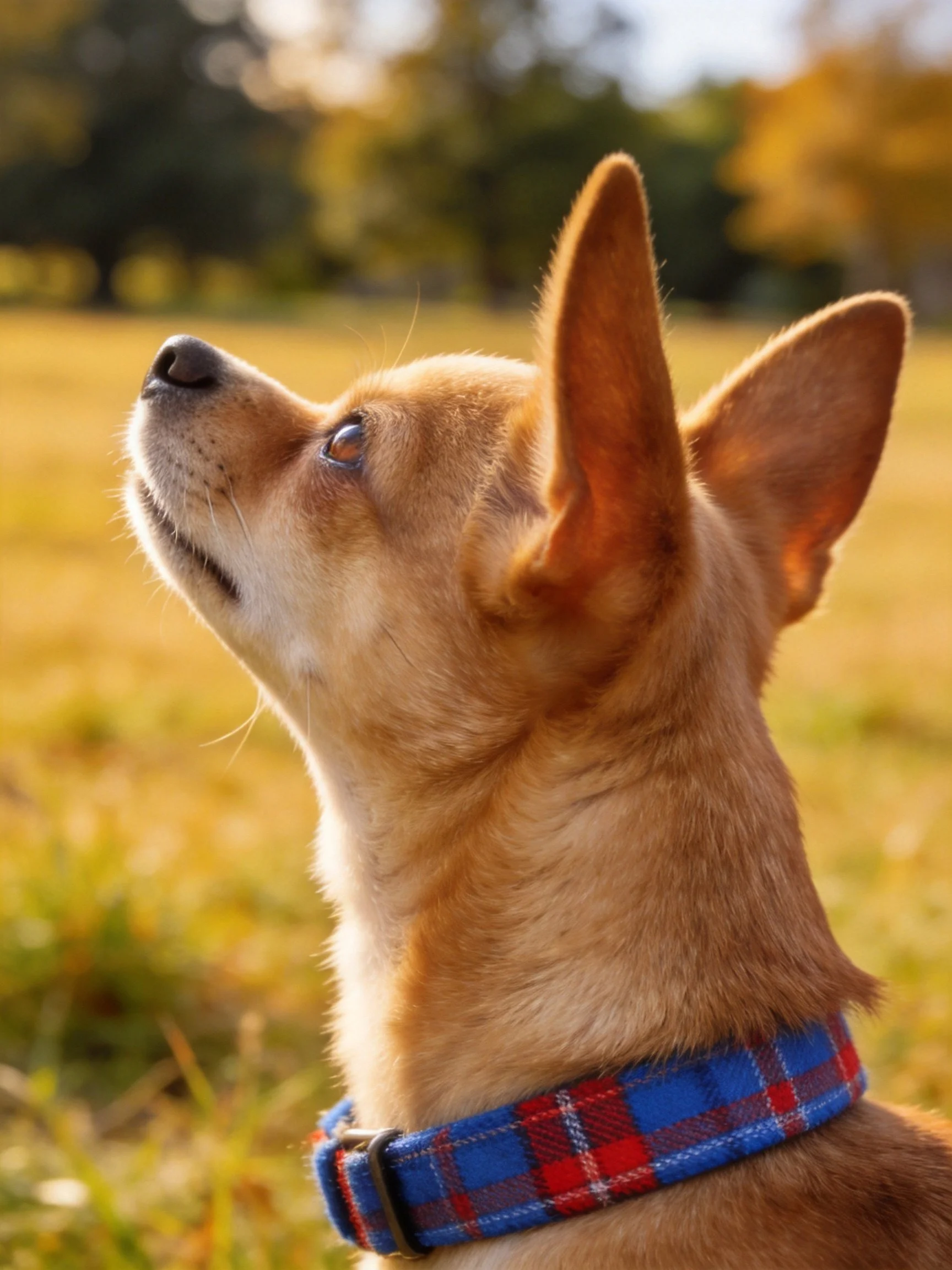 A tan dog with a colorful collar looks upward in a sunlit outdoor setting.