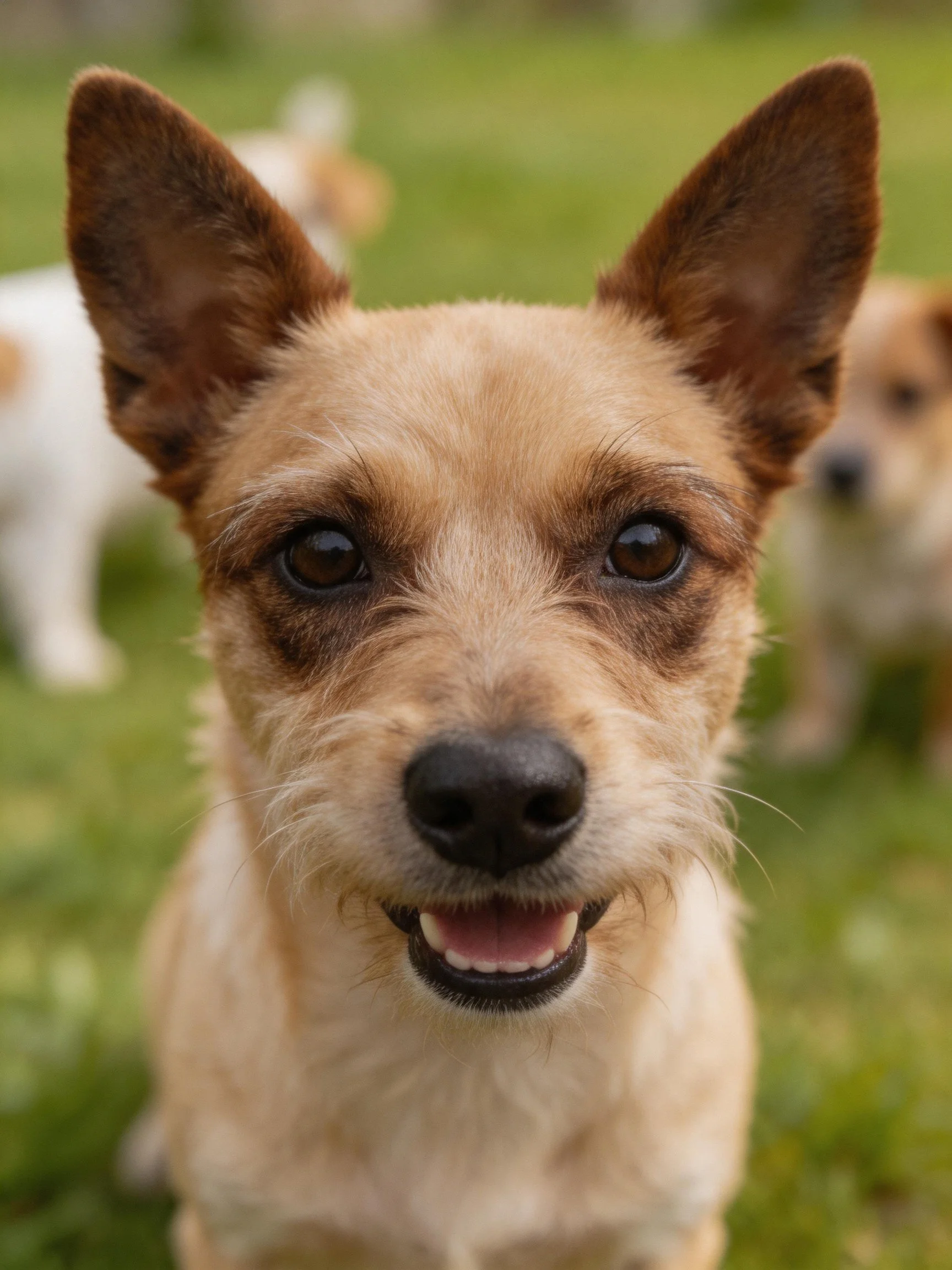 A tan dog with upright ears is centered, other dogs blur in the background.
