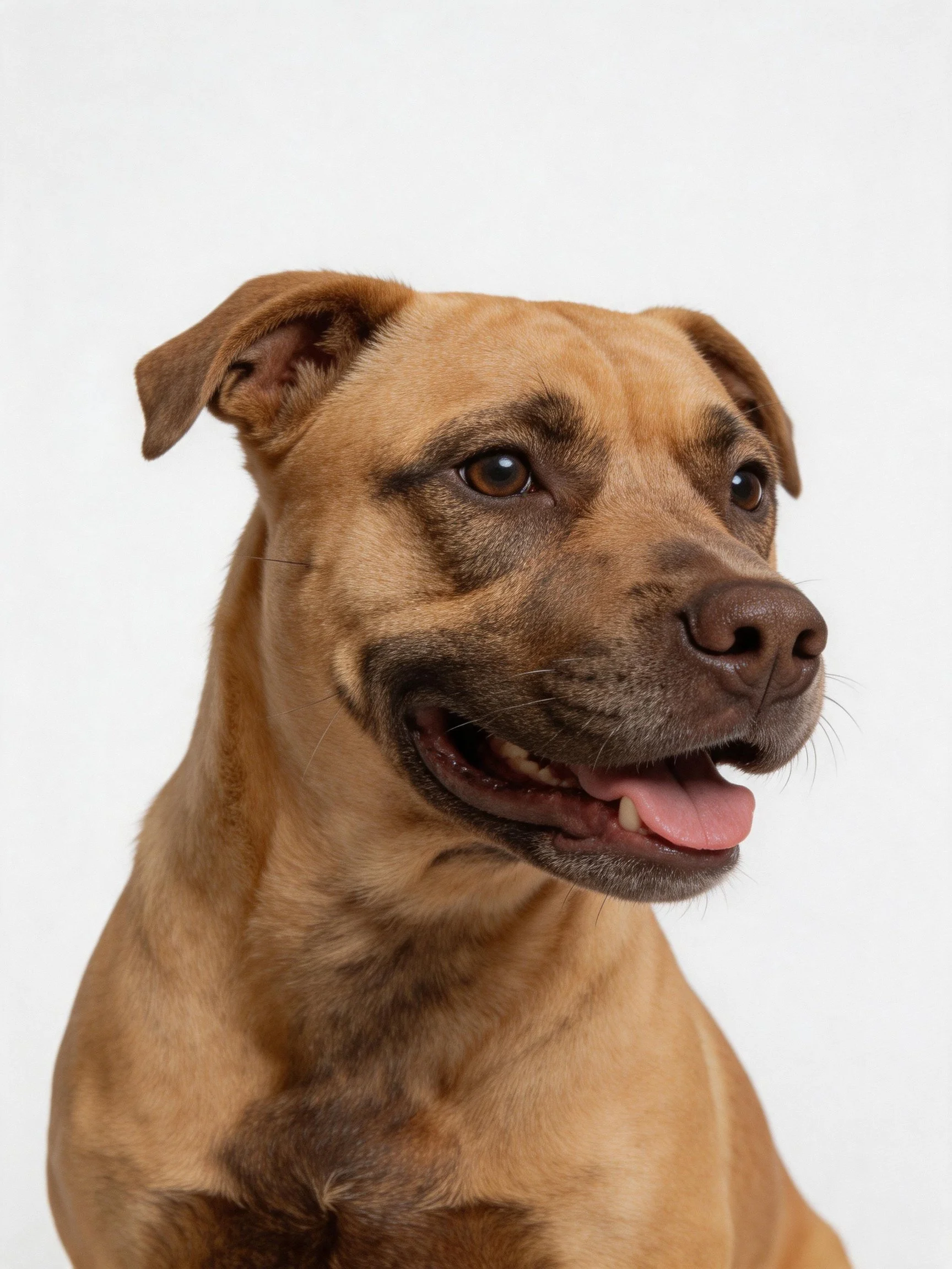 Tan dog with dark facial markings, floppy ears, open mouth