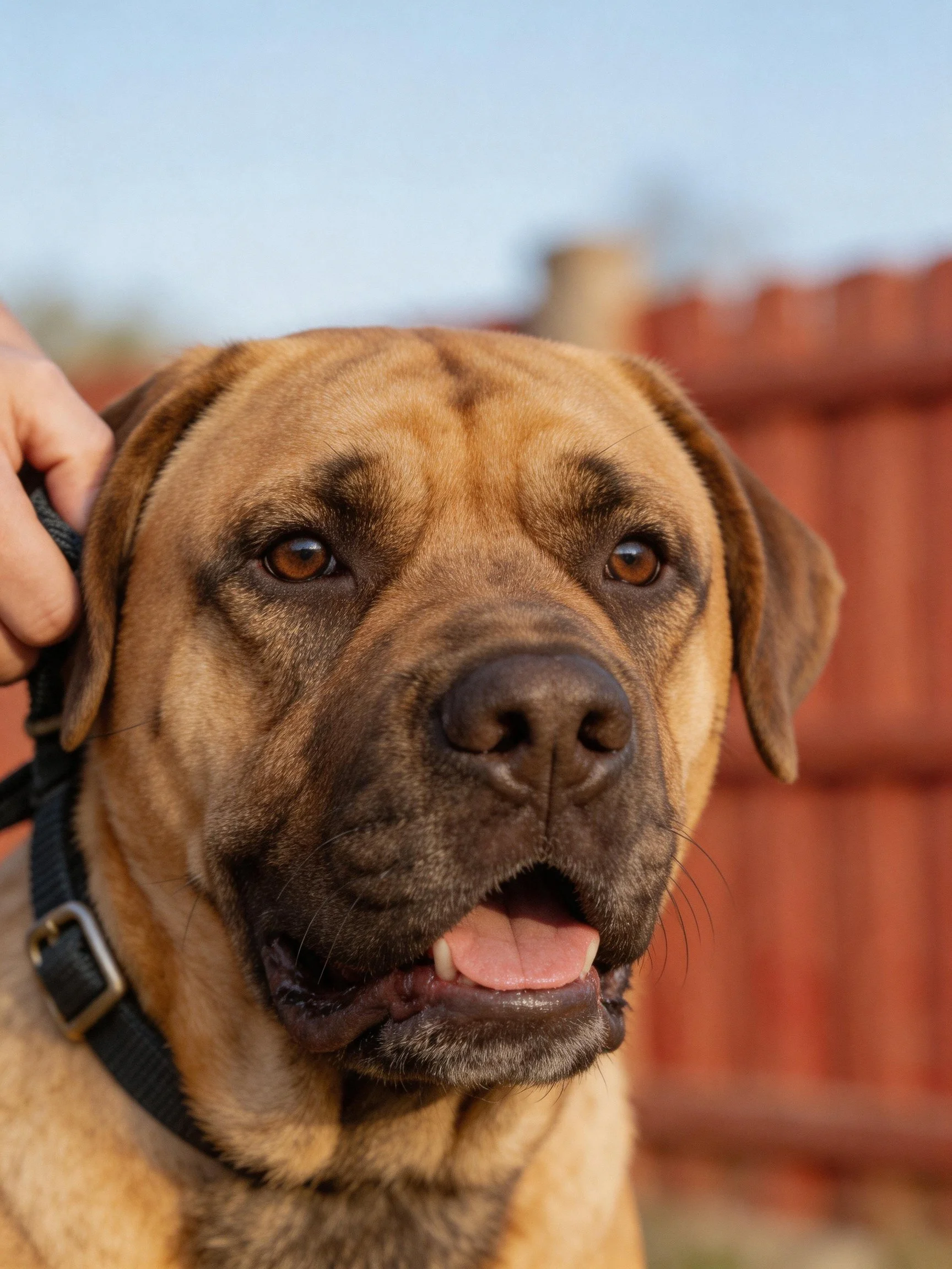 A tan dog with a black collar stands near a red fence.