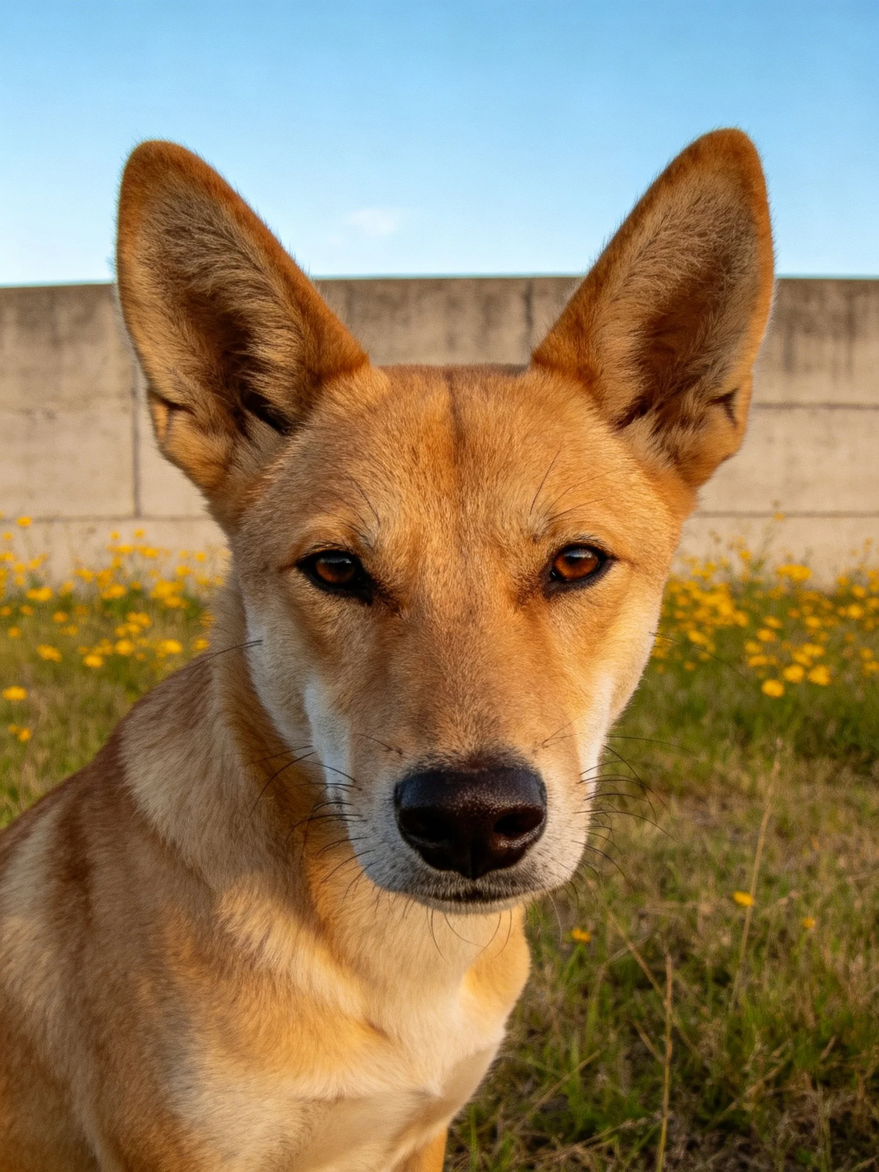 Tan dog with large ears near yellow flowers and concrete wall