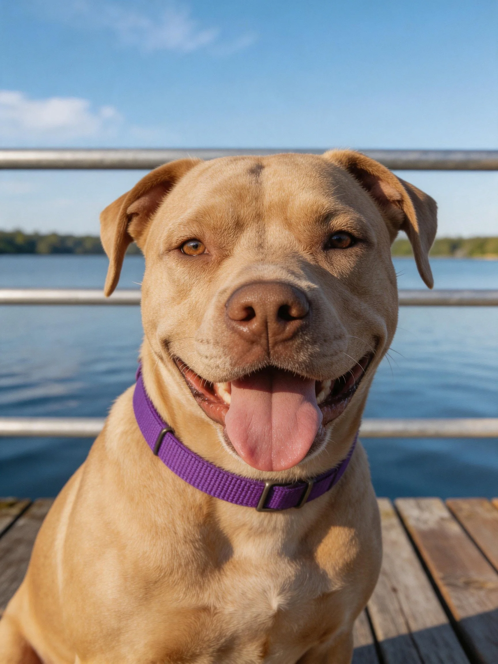 Tan dog with purple collar on weathered wooden dock by calm water