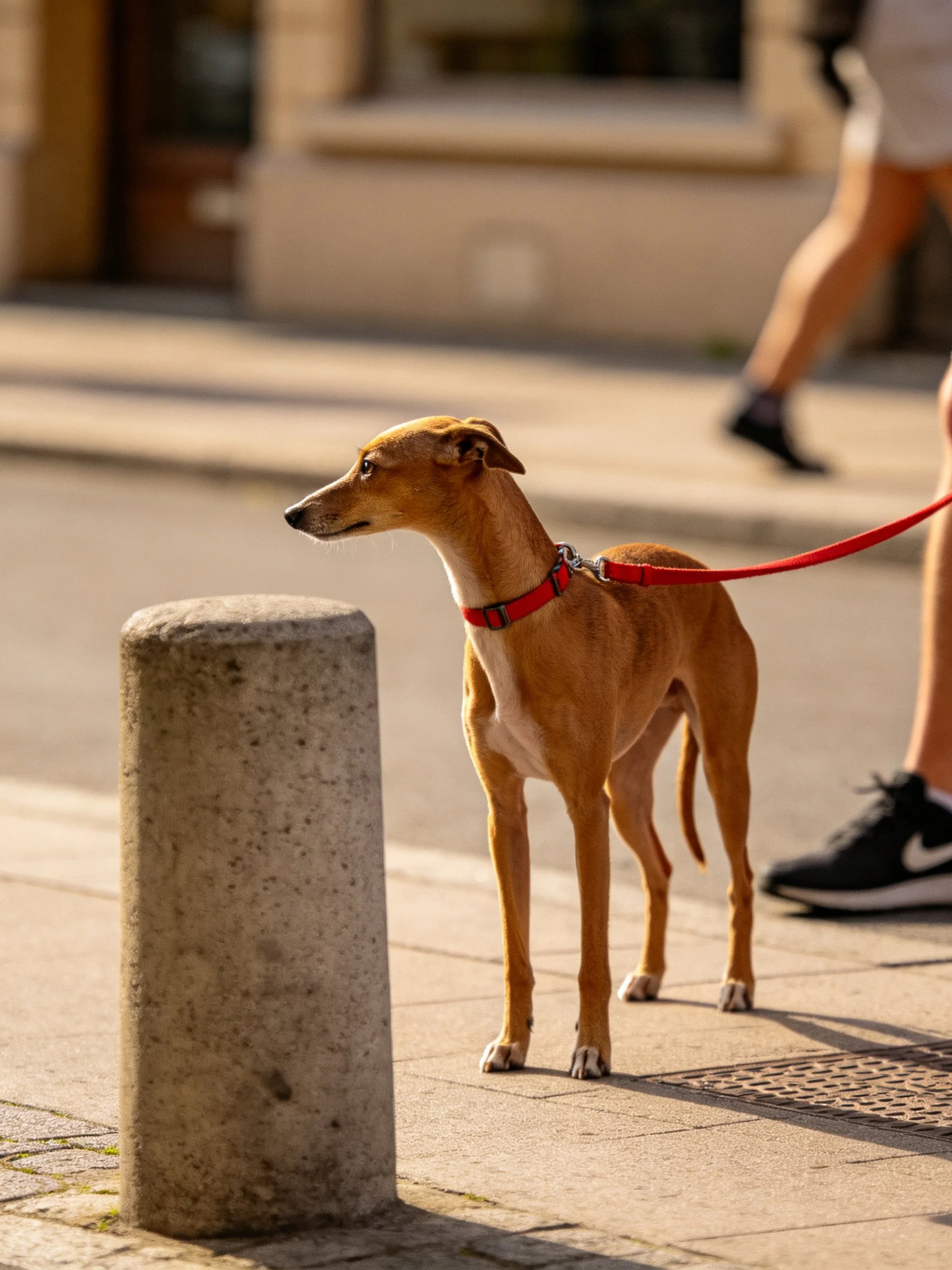 Tan dog with red leash near concrete bollard on sidewalk