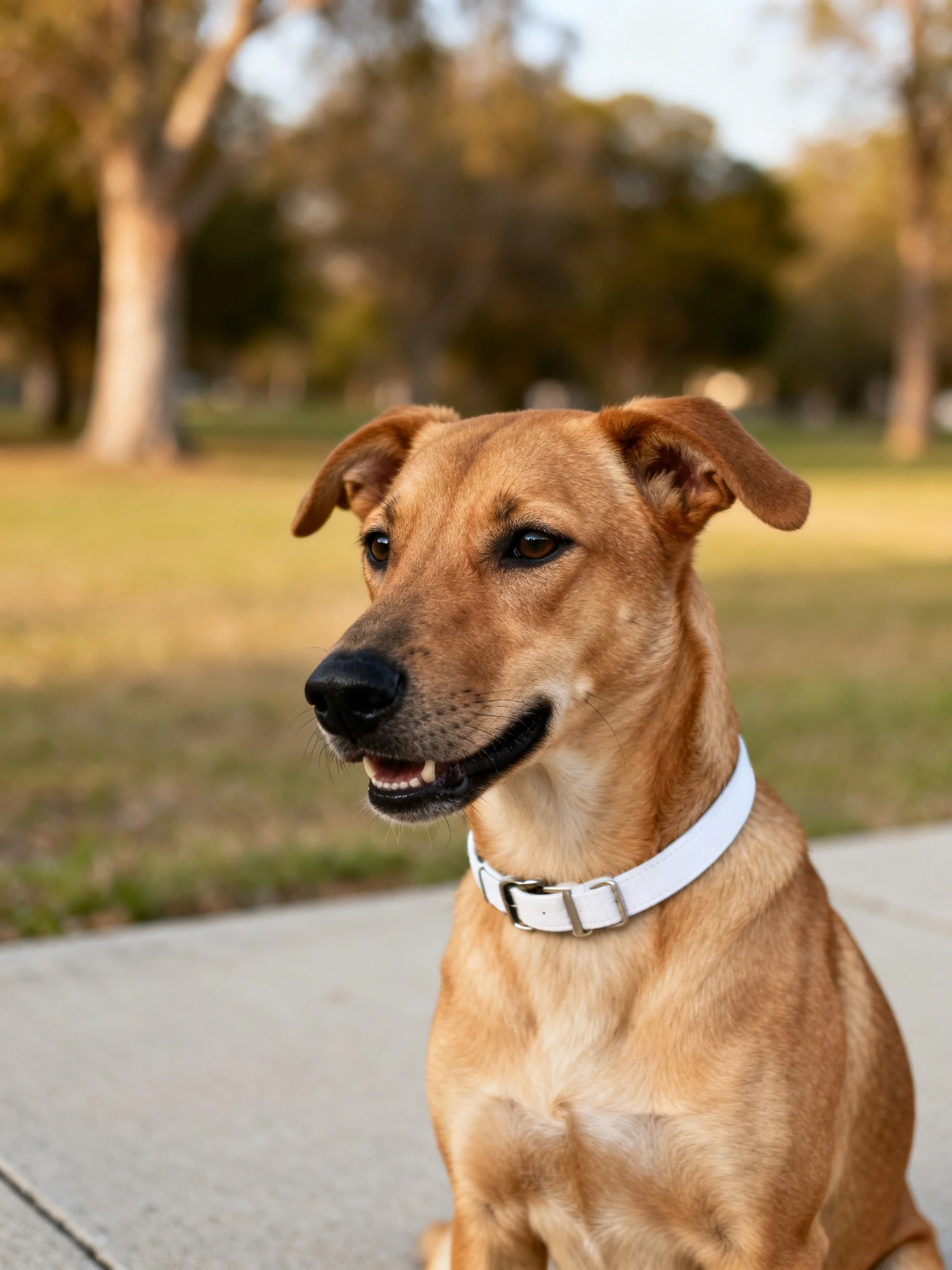 Tan dog with white collar sitting in a park setting