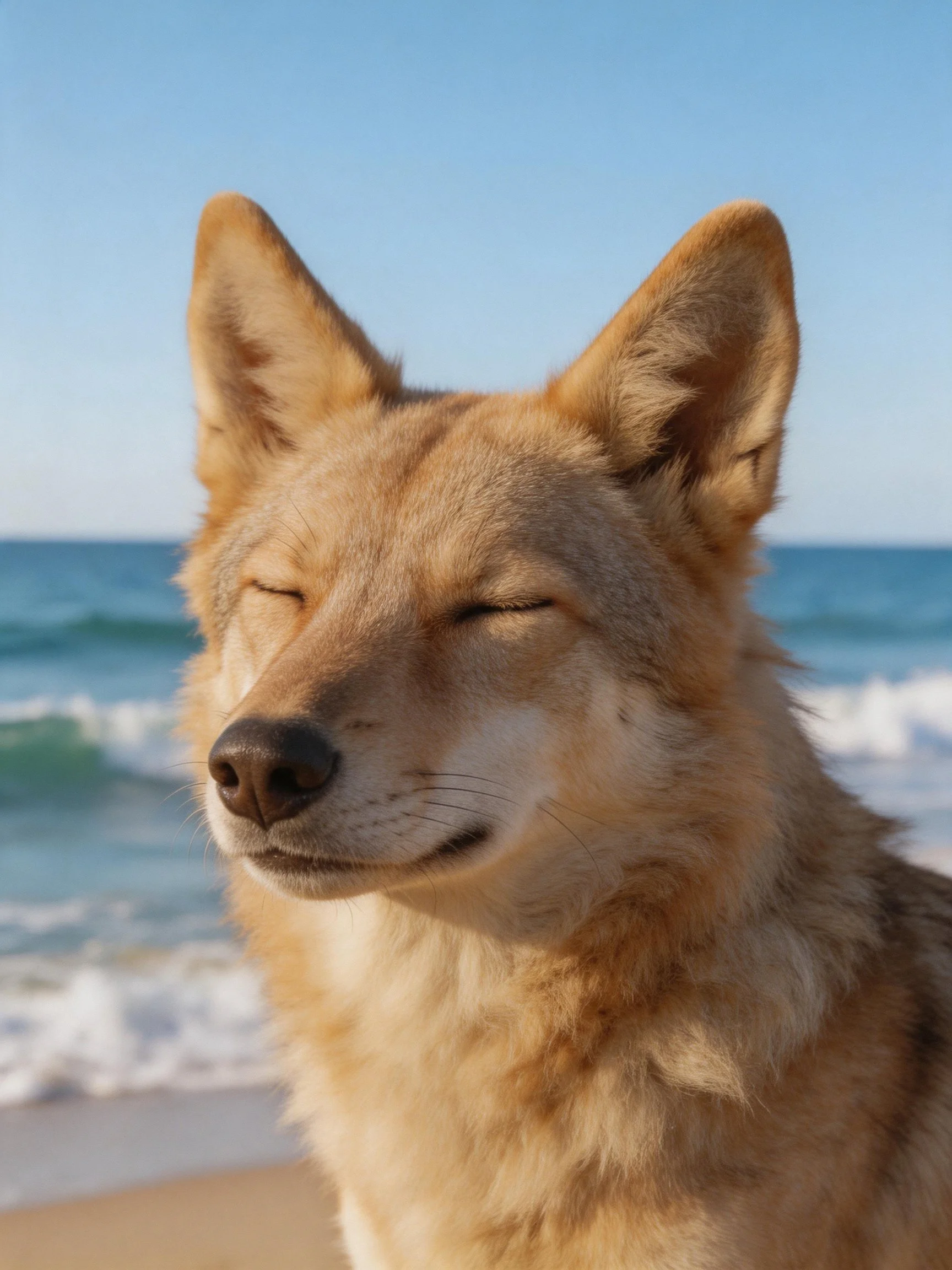 Tan-furred canid resting by the blue ocean shoreline
