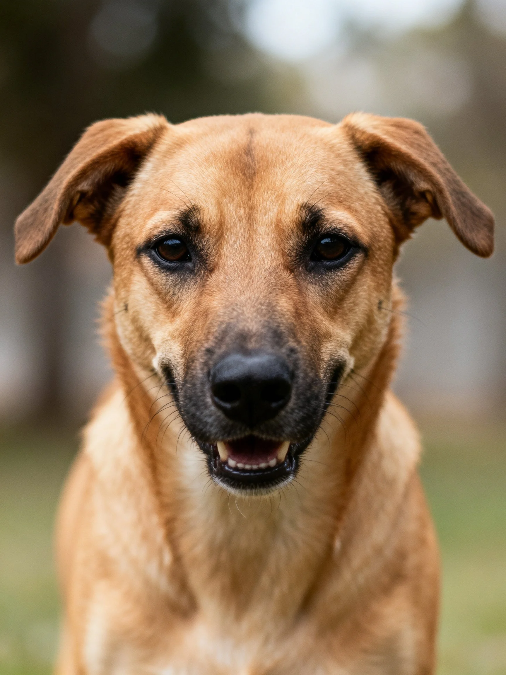 Tan-furred dog with floppy ears in a blurred natural backdrop