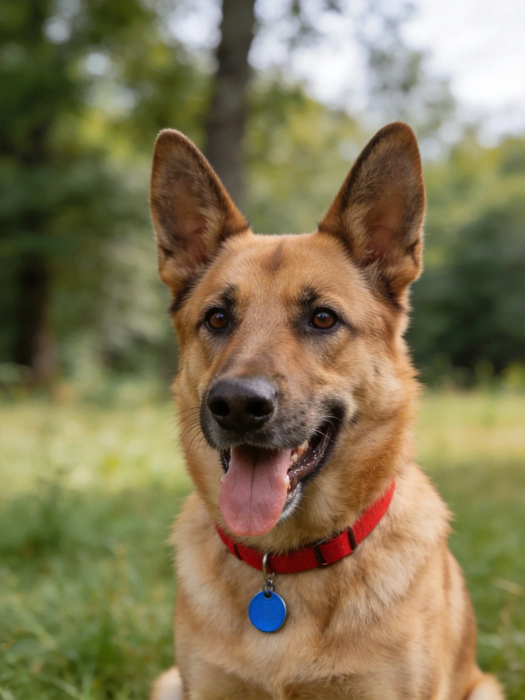 Tan-furred dog with red collar and blue tag in natural setting