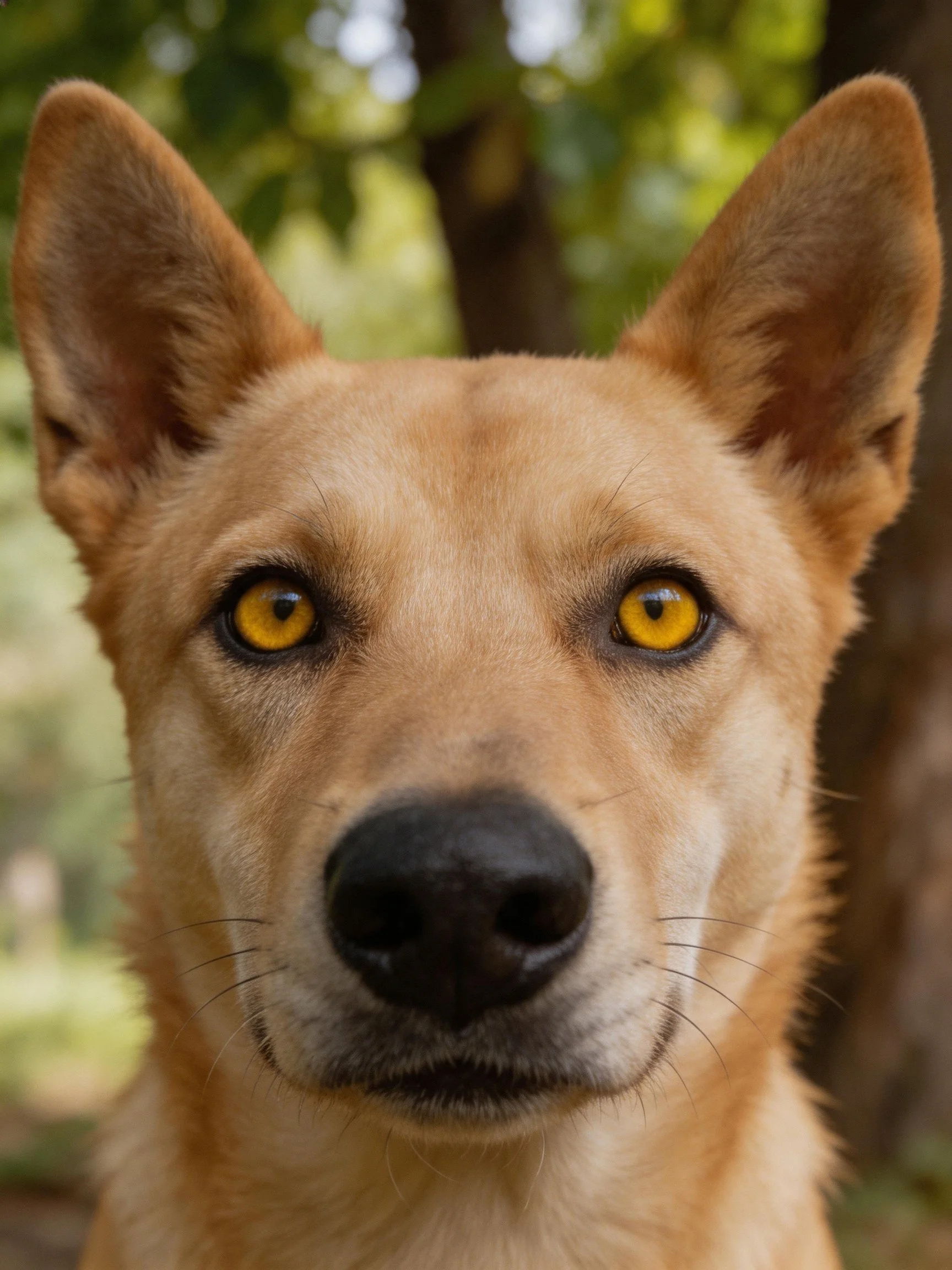 Tan-furred dog with striking yellow eyes in a wooded area