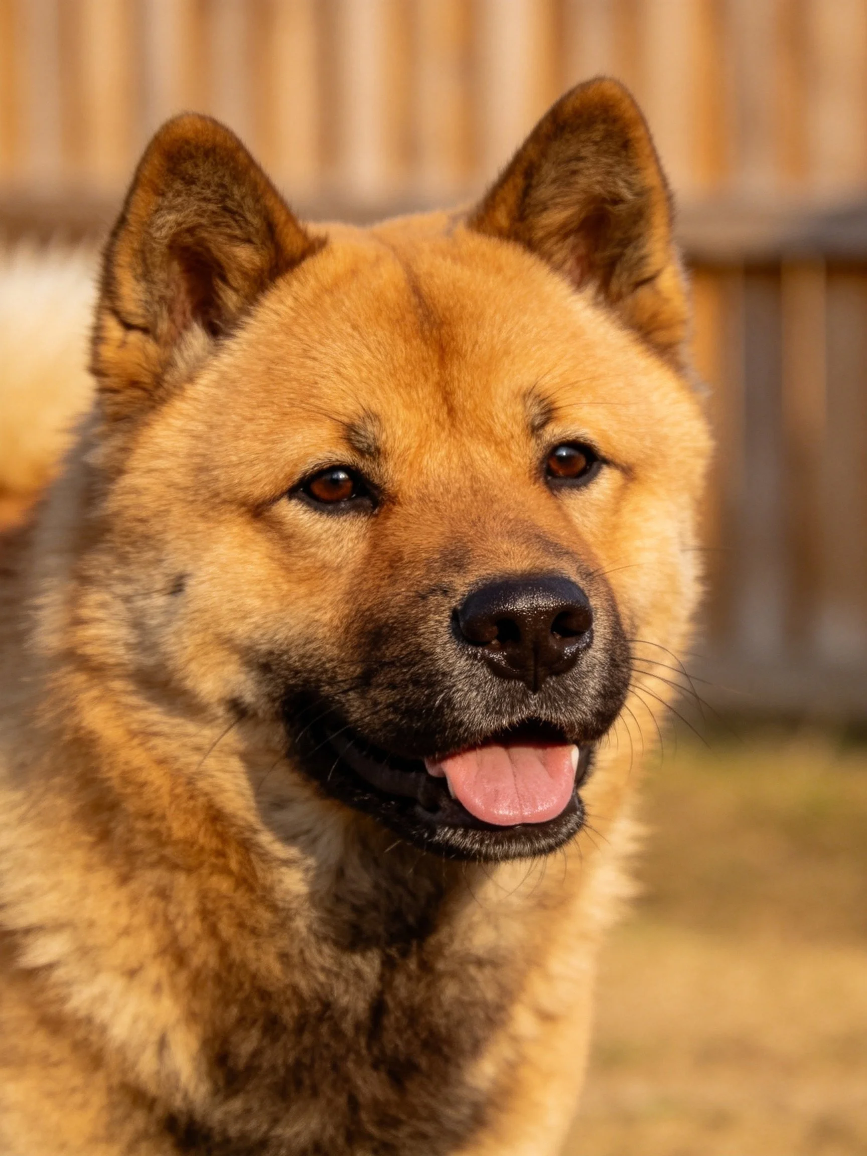 Tan-furred dog with upright ears, dark nose, and open mouth.