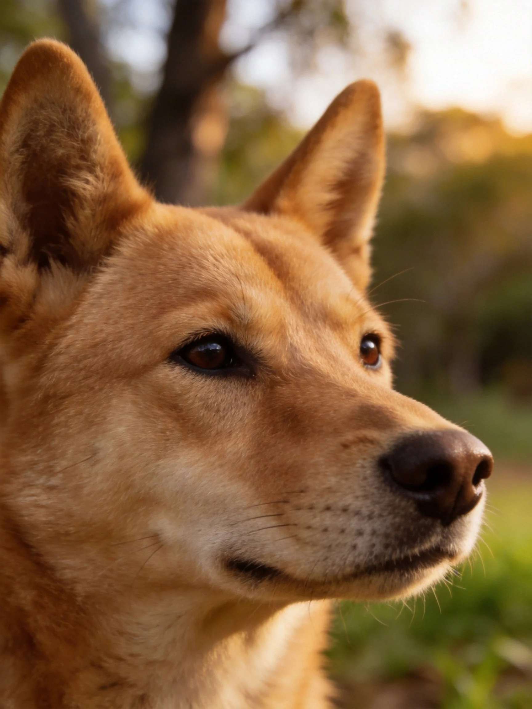 Tan-furred dog with upright ears in a sunlit natural backdrop