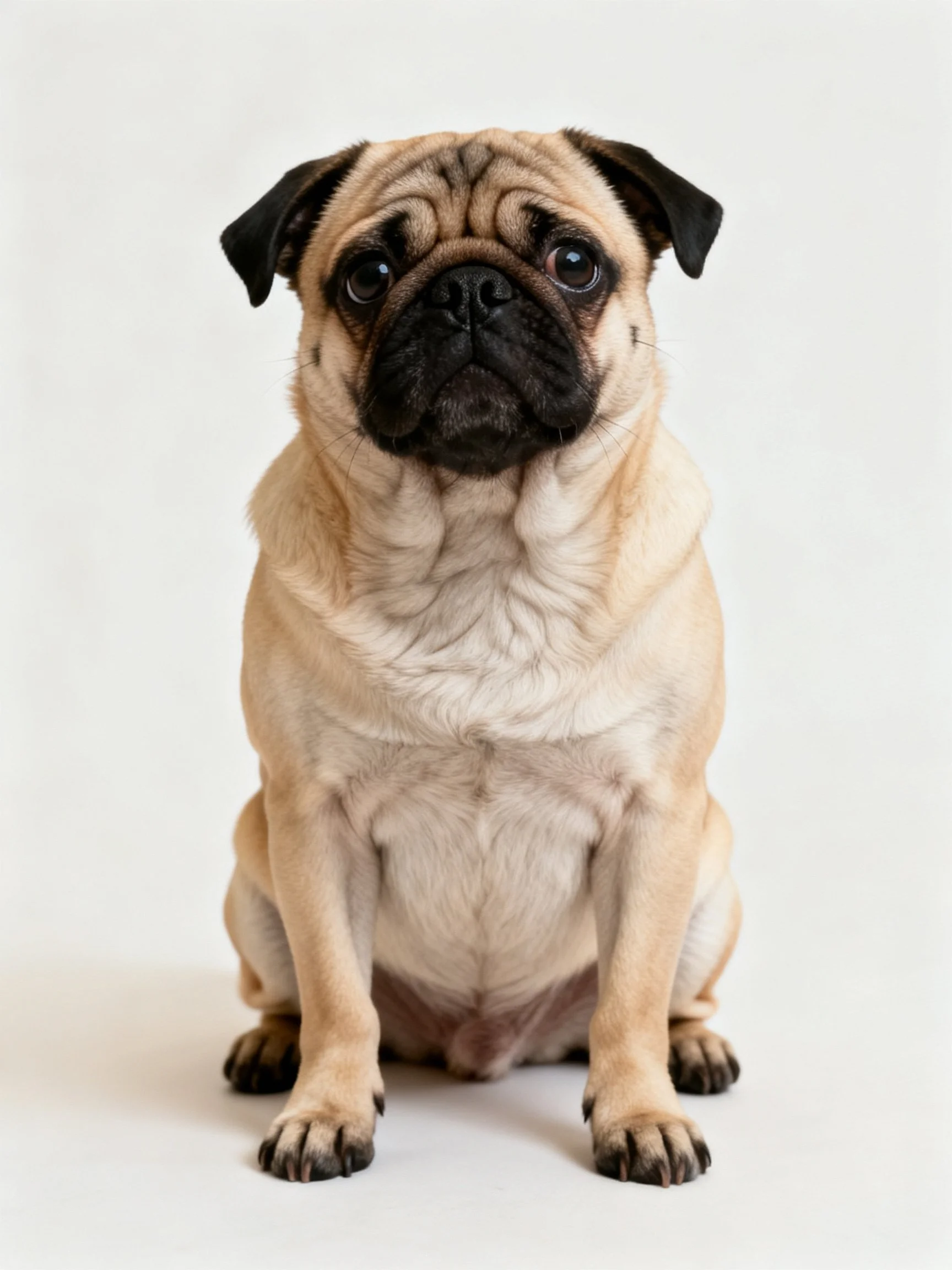 Tan-furred pug dog sits upright against plain white backdrop