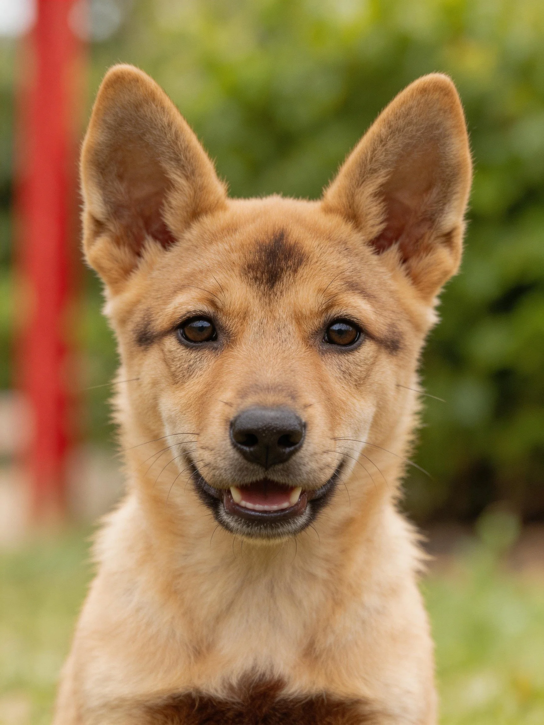 Tan-furred puppy with upright ears and dark markings