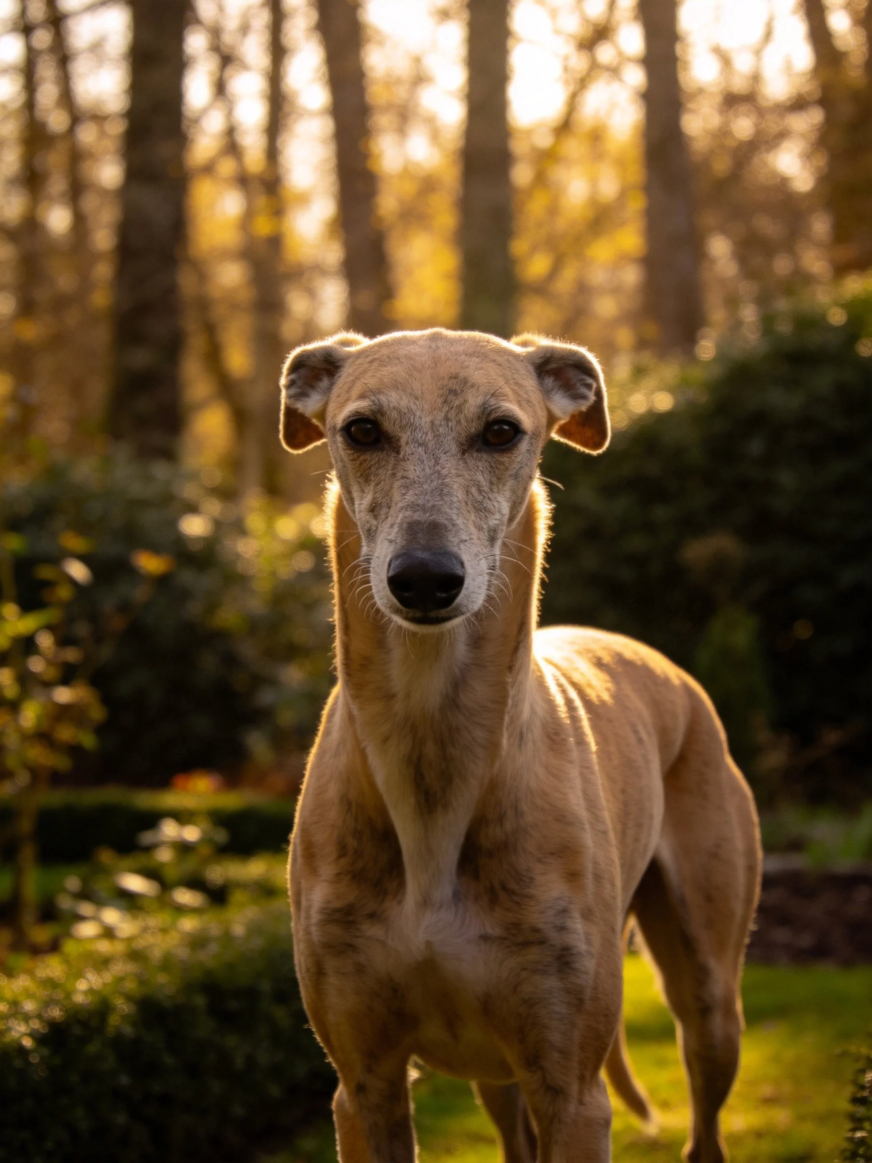 Tan greyhound in sun-drenched forest setting