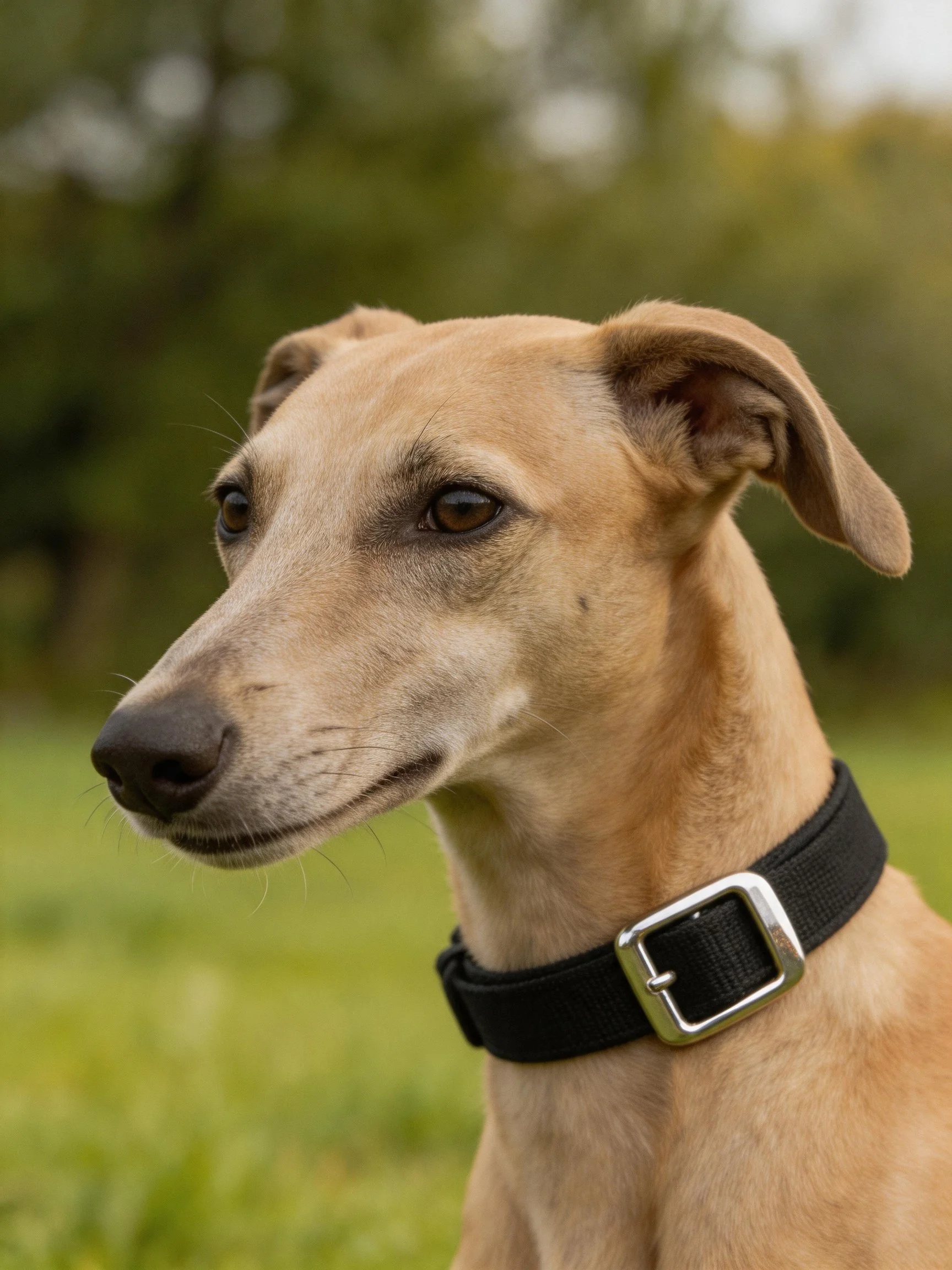 Tan greyhound with black collar in lush green outdoor area