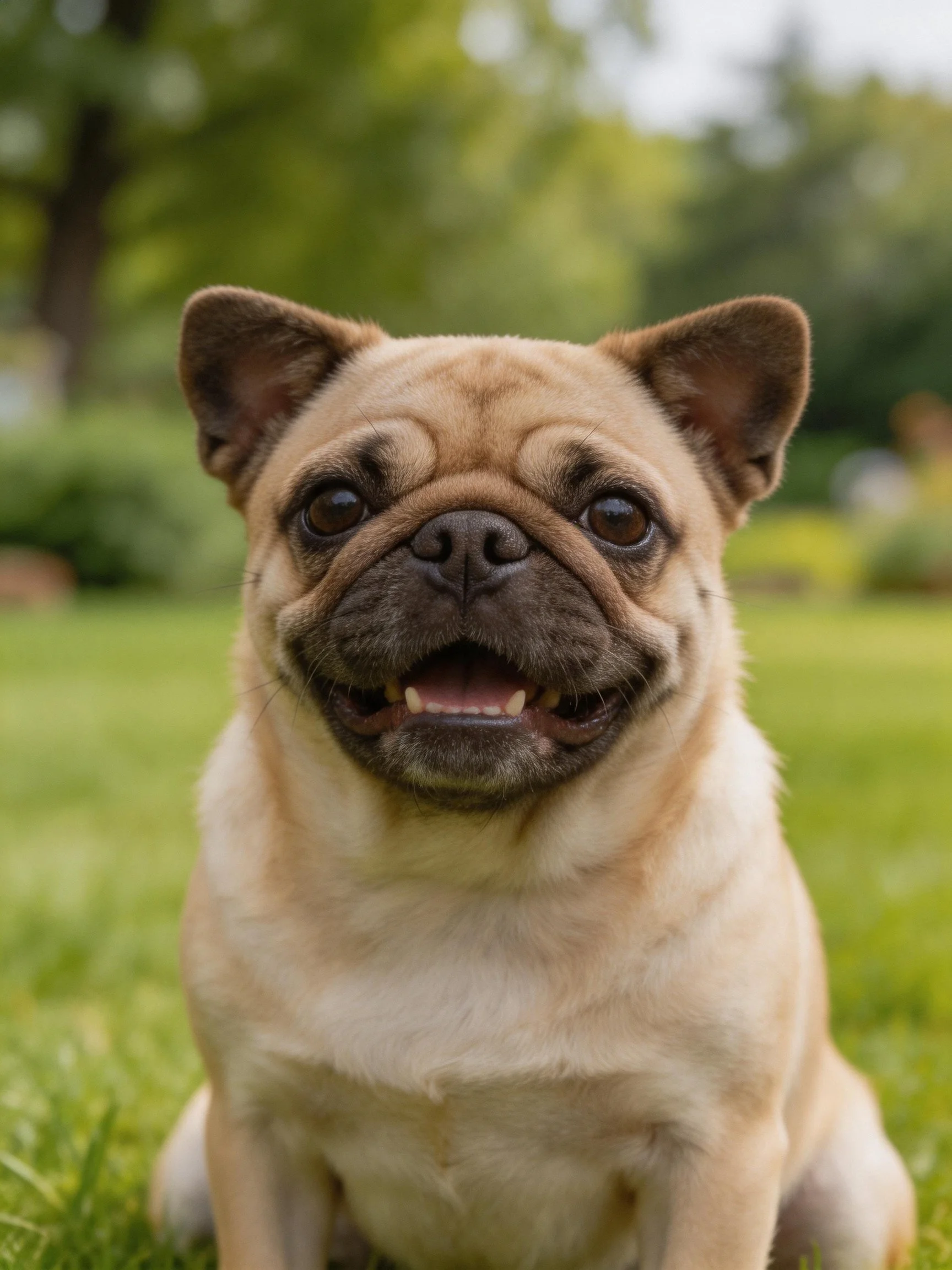 A tan pug dog sits happily amid green grass in an outdoor setting.